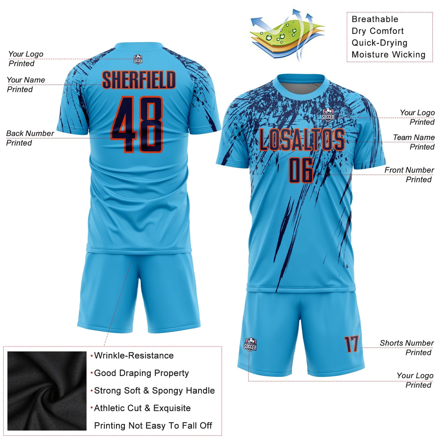 Custom Sky Blue Navy-Orange Sublimation Soccer Uniform Jersey view 3