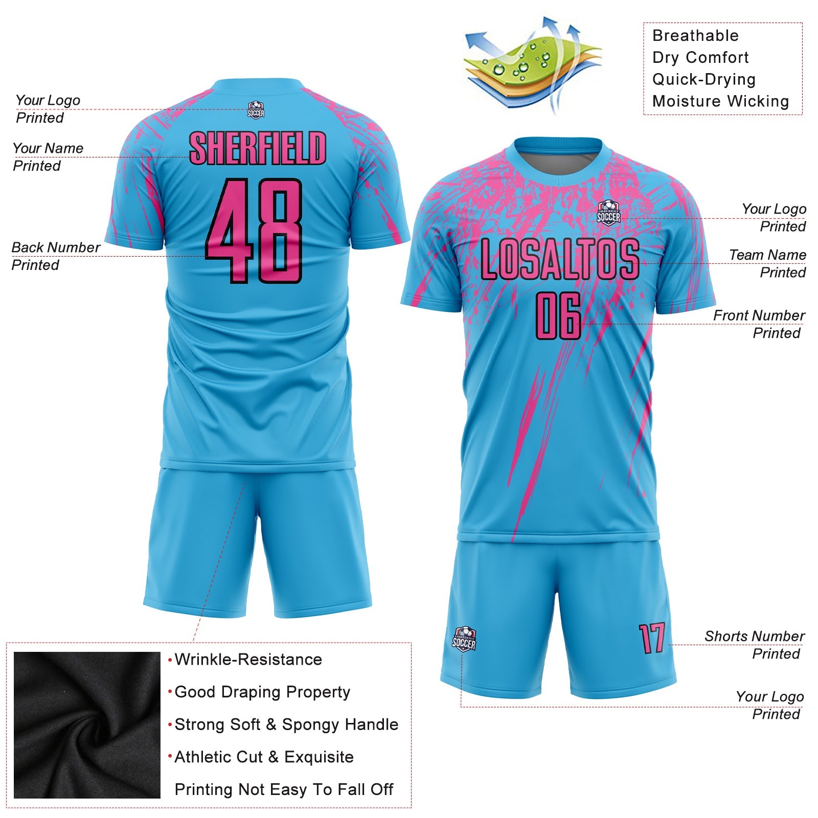 Custom Sky Blue Pink-Black Sublimation Soccer Uniform Jersey view 3