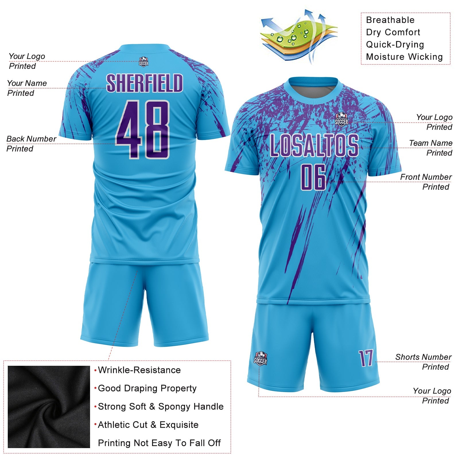 Custom Sky Blue Purple-White Sublimation Soccer Uniform Jersey view 3