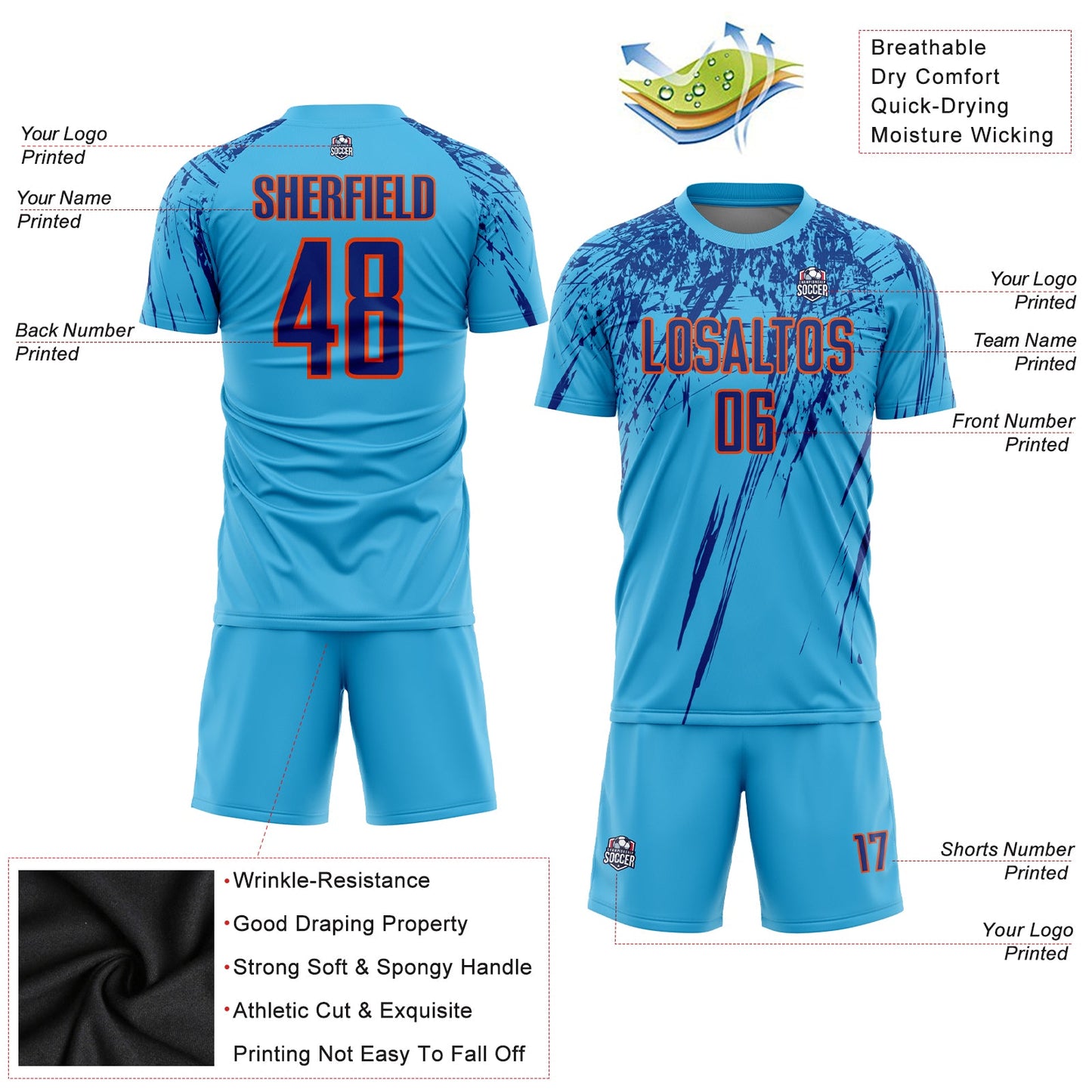 Custom Sky Blue Royal-Orange Sublimation Soccer Uniform Jersey view 3