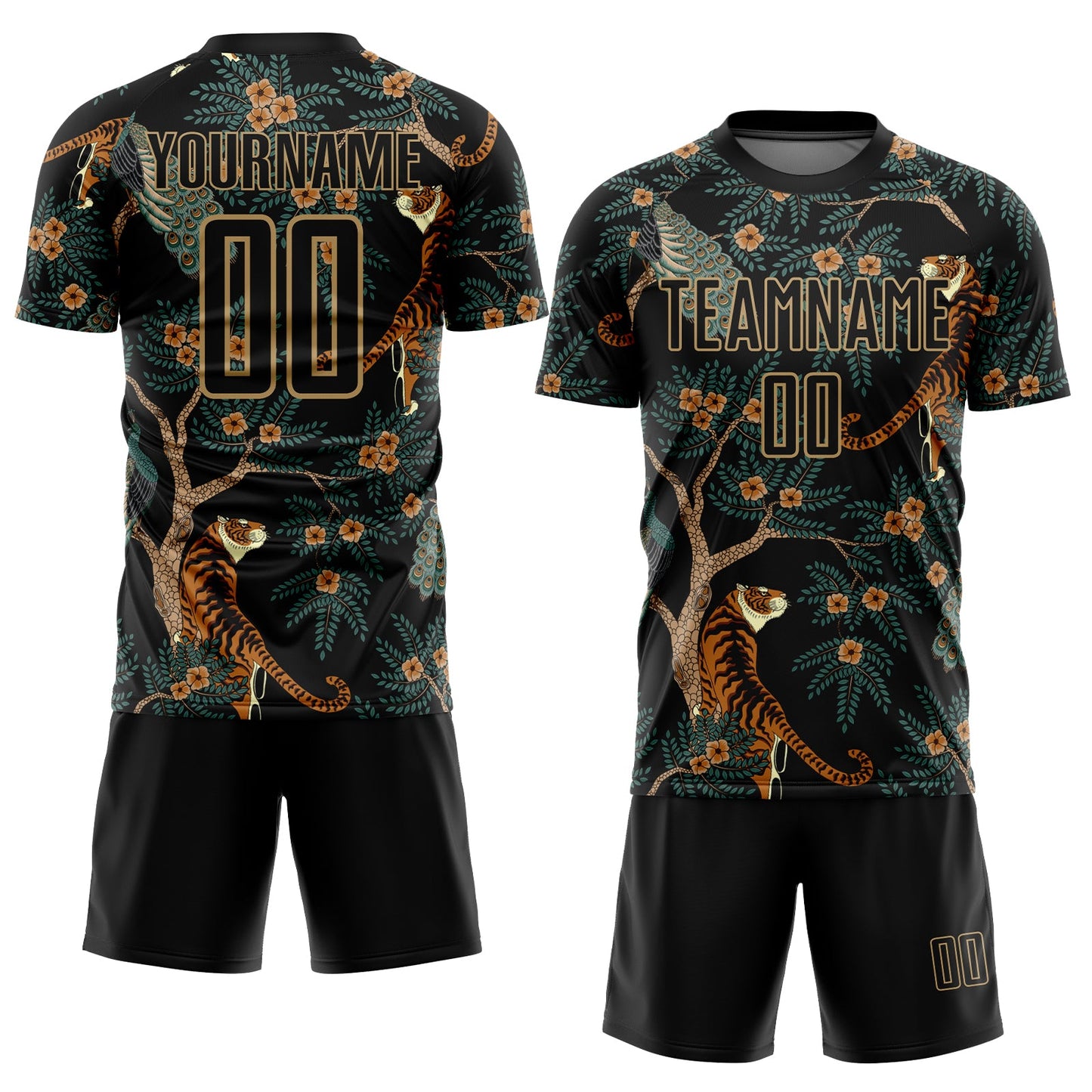 Custom Black Old Gold Tiger And Peacock Sublimation Soccer Uniform Jersey view 2