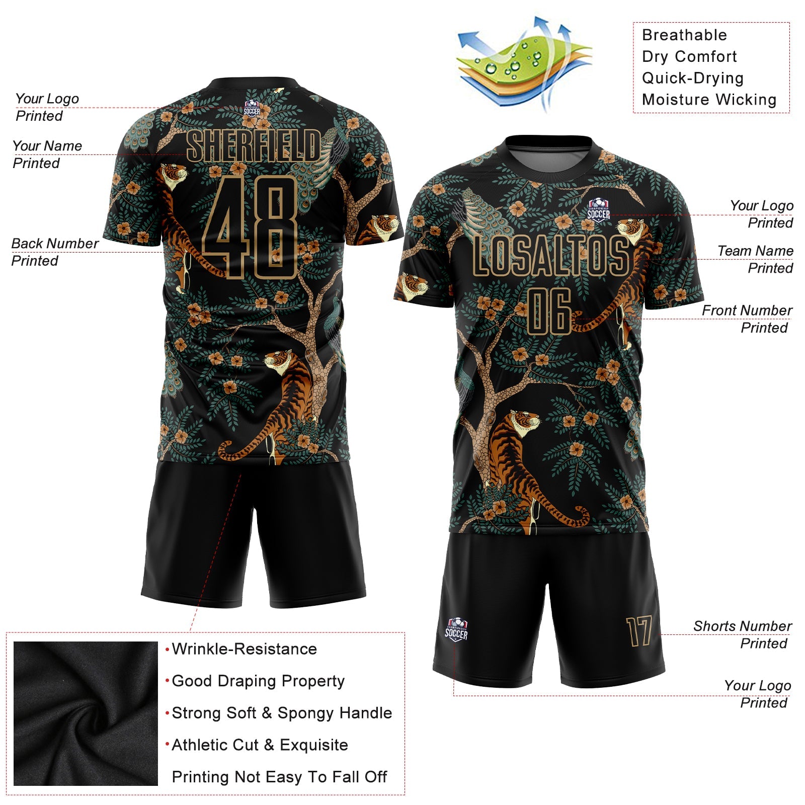 Custom Black Old Gold Tiger And Peacock Sublimation Soccer Uniform Jersey view 3
