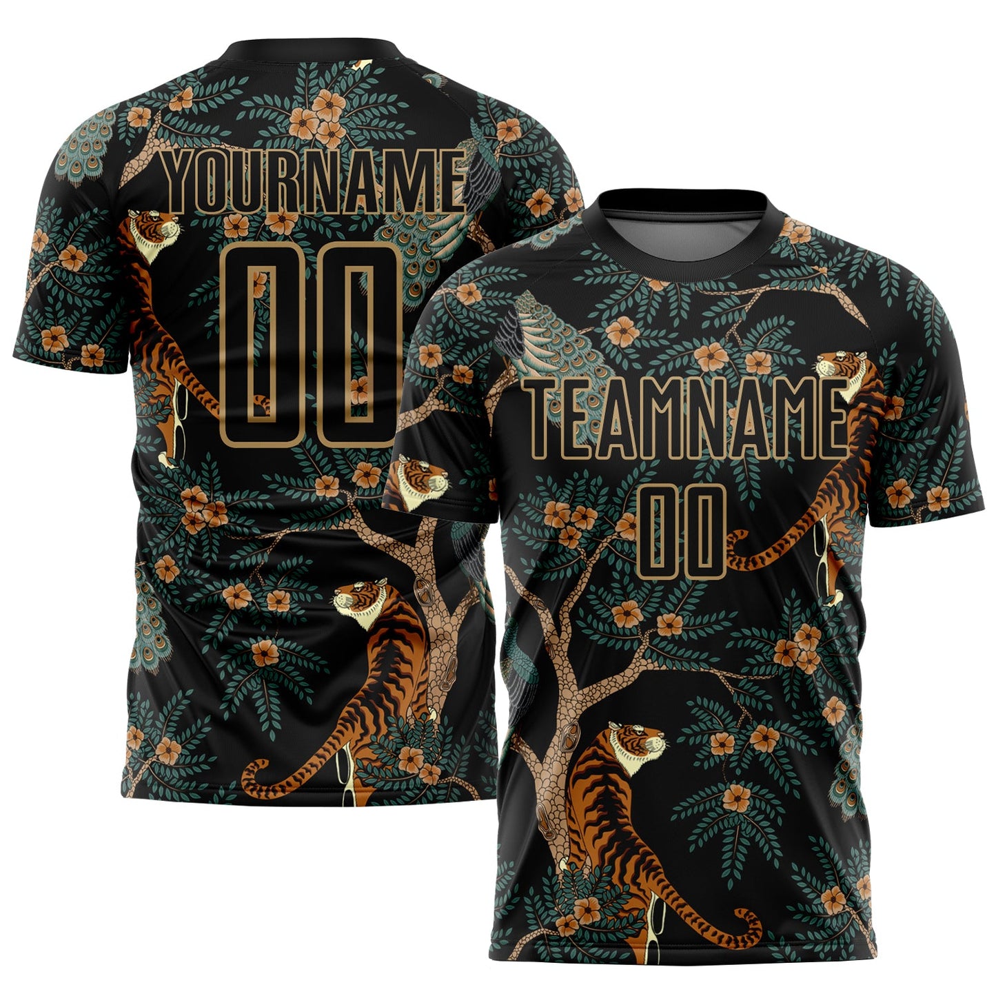 Custom Black Old Gold Tiger And Peacock Sublimation Soccer Uniform Jersey - Main View