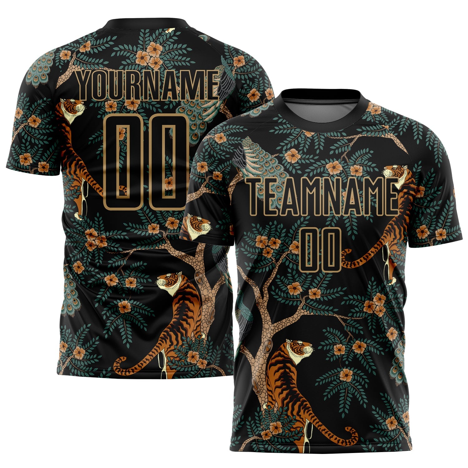 Custom Black Old Gold Tiger And Peacock Sublimation Soccer Uniform Jersey - Main View
