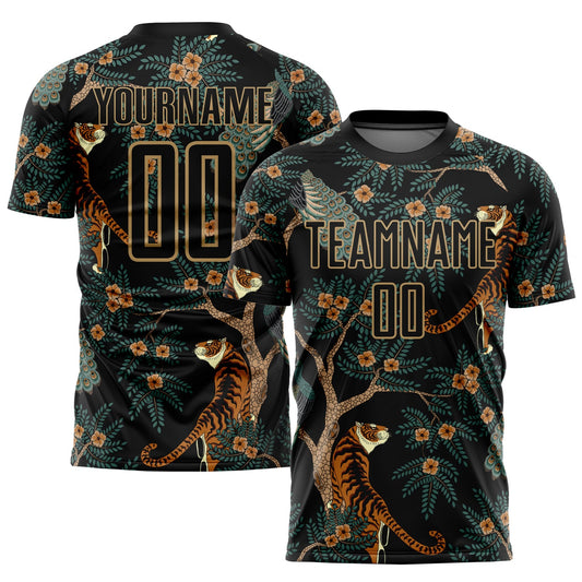 Custom Black Old Gold Tiger And Peacock Sublimation Soccer Uniform Jersey - Main View