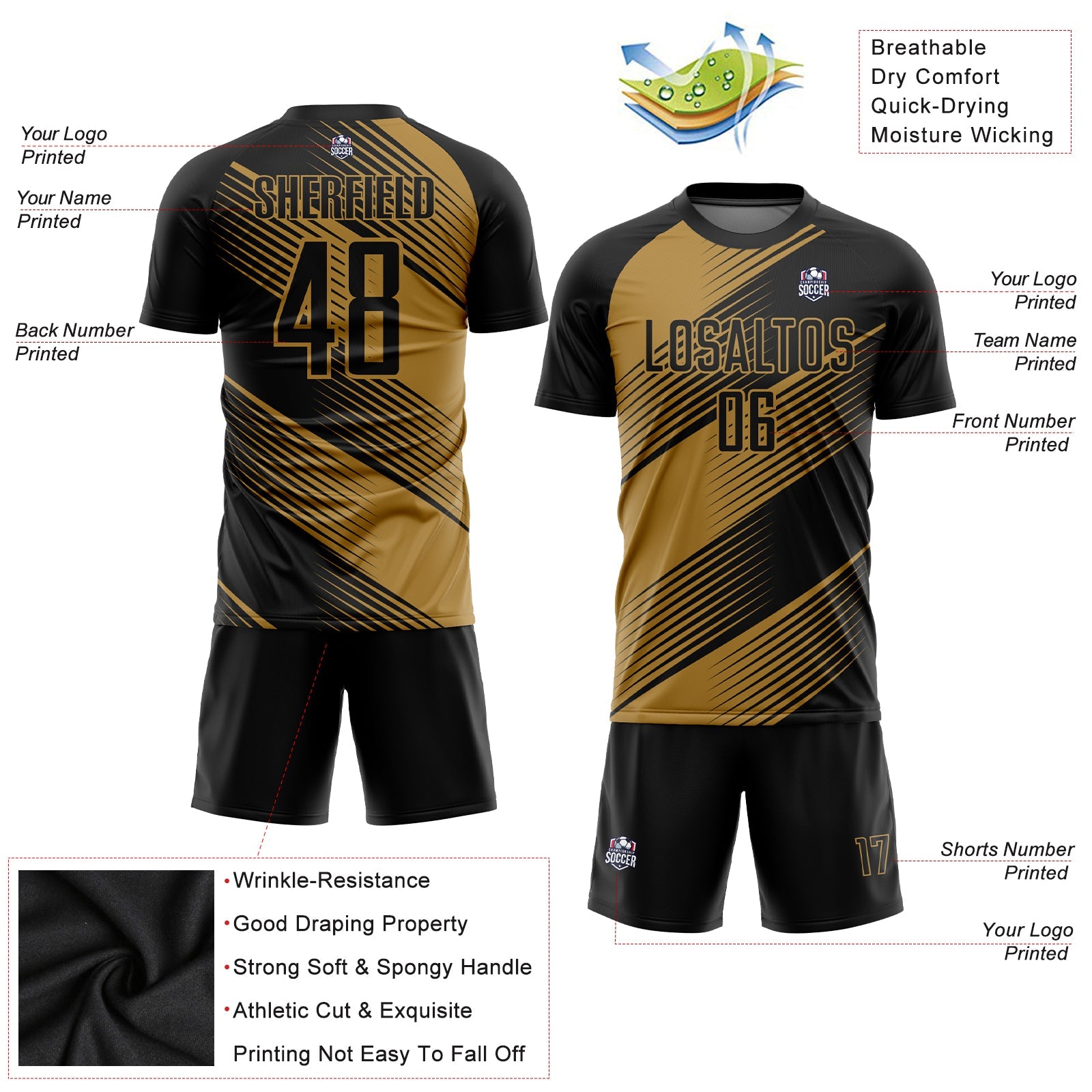 Custom Old Gold Black Sublimation Soccer Uniform Jersey view 3