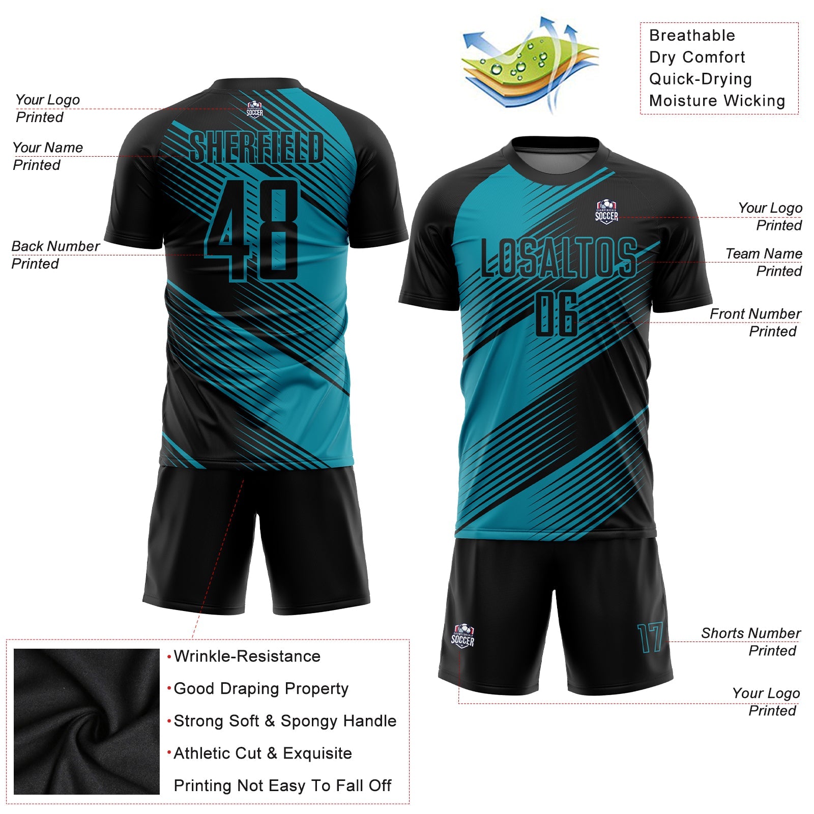 Custom Teal Black Sublimation Soccer Uniform Jersey view 3