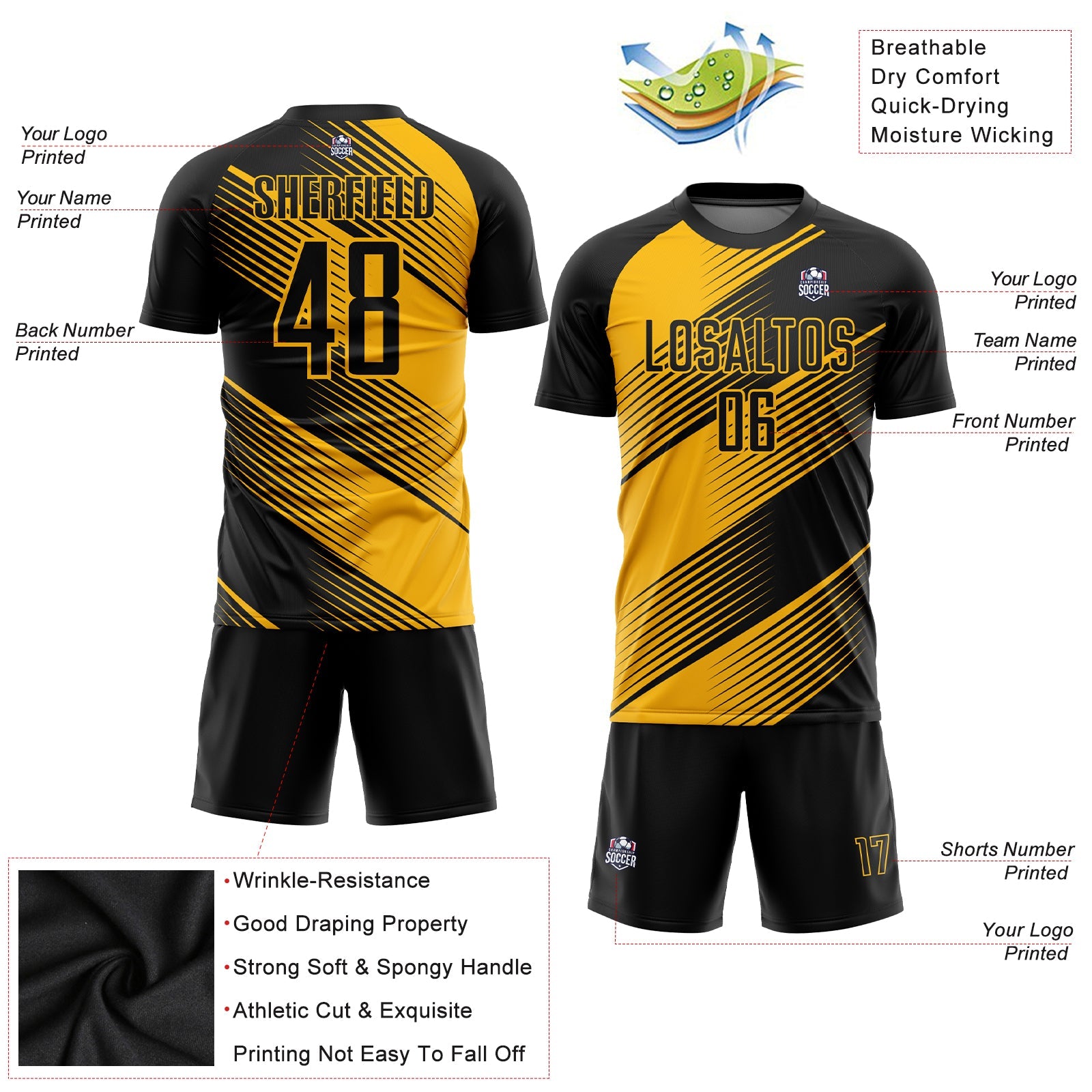 Custom Gold Black Sublimation Soccer Uniform Jersey view 3