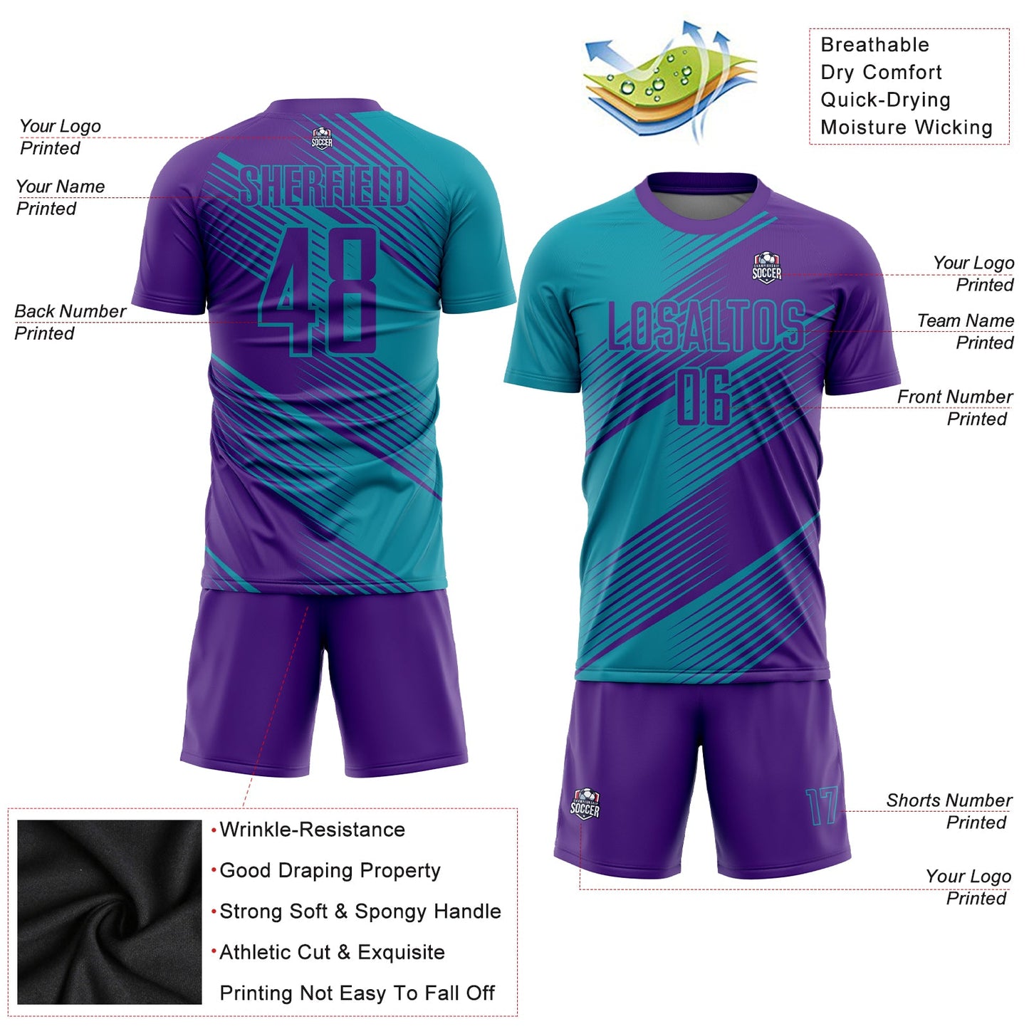 Custom Teal Purple Sublimation Soccer Uniform Jersey view 3