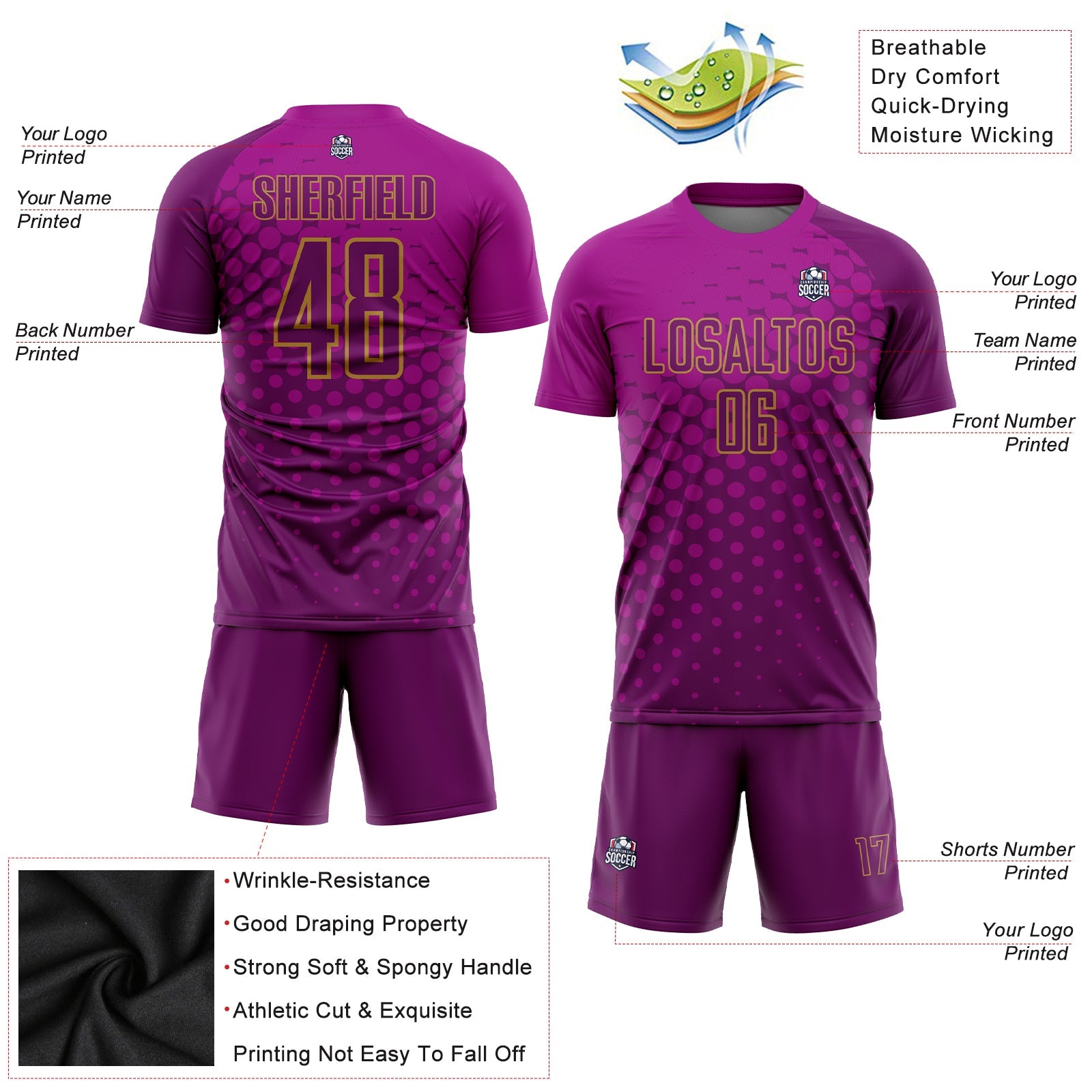 Custom Deep Pink Purple-Old Gold Sublimation Soccer Uniform Jersey view 3