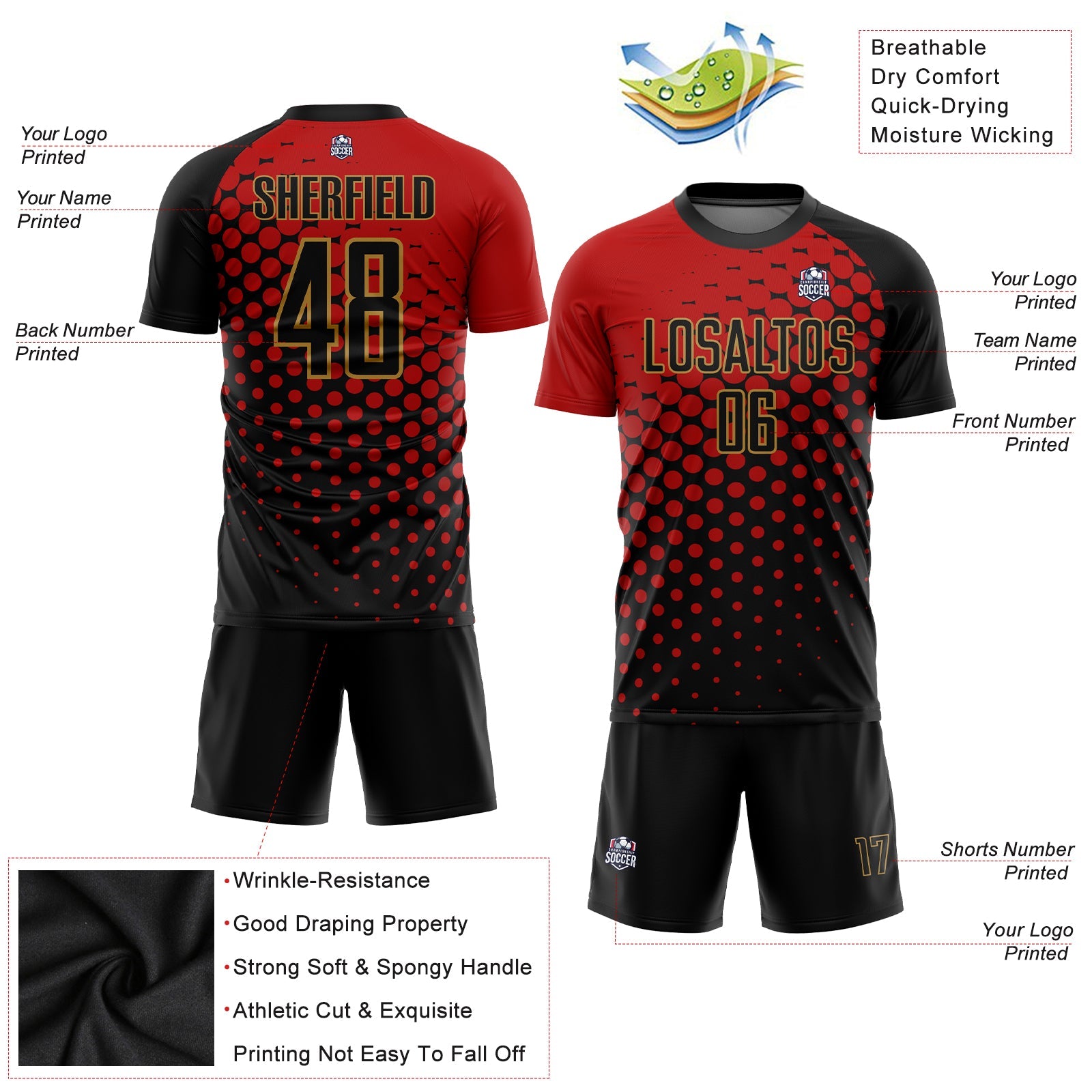 Custom Red Black-Old Gold Sublimation Soccer Uniform Jersey view 3