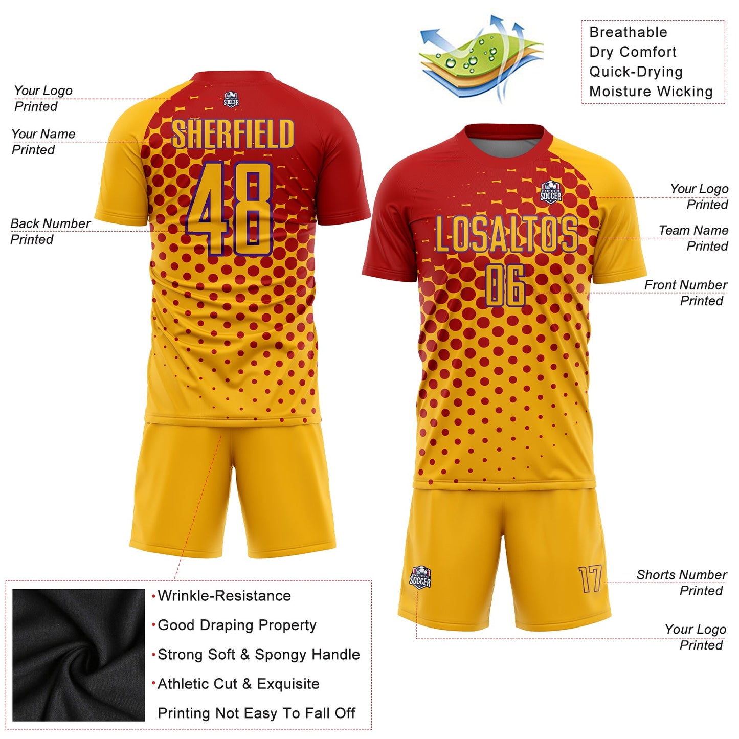 Custom Gold Red-Purple Sublimation Soccer Uniform Jersey view 3