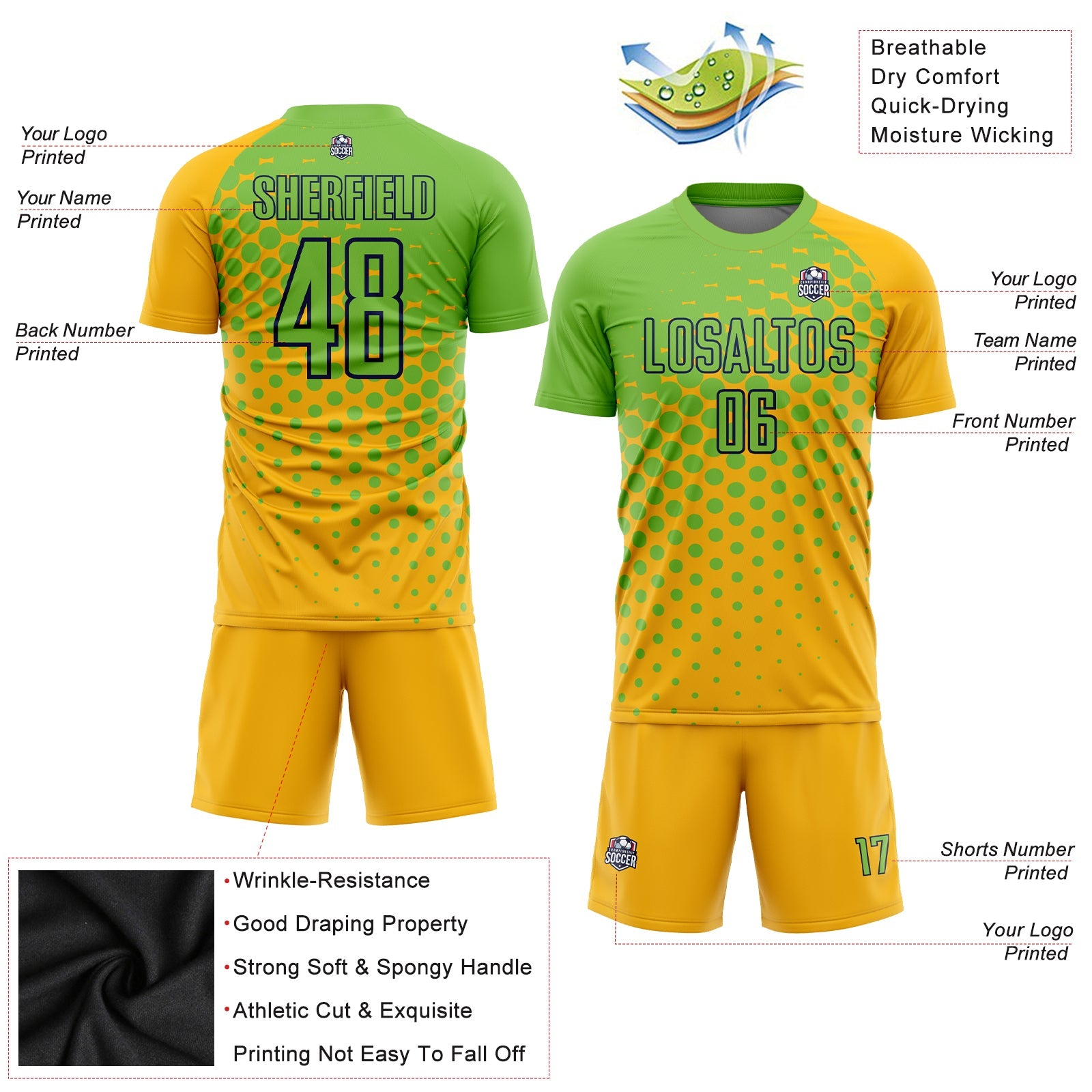 Custom Gold Neon Green-Navy Sublimation Soccer Uniform Jersey view 3