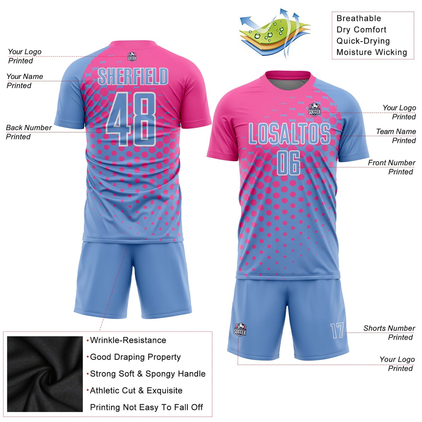 Custom Light Blue Pink-White Sublimation Soccer Uniform Jersey view 3