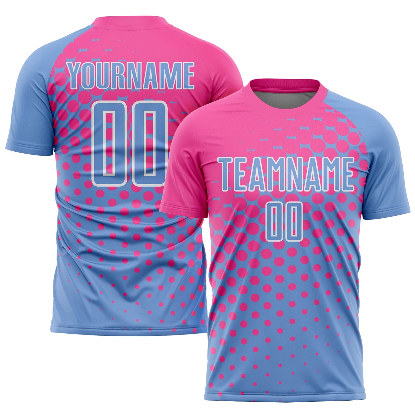 Custom Light Blue Pink-White Sublimation Soccer Uniform Jersey - Main View