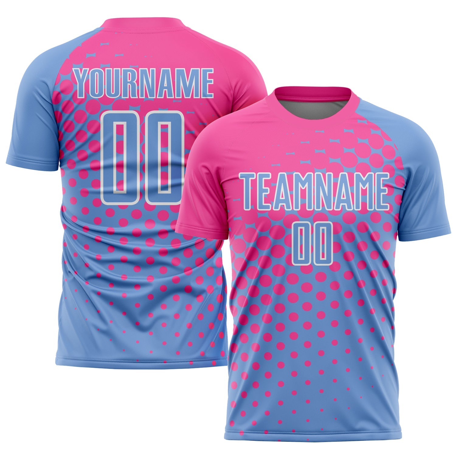 Custom Light Blue Pink-White Sublimation Soccer Uniform Jersey - Main View