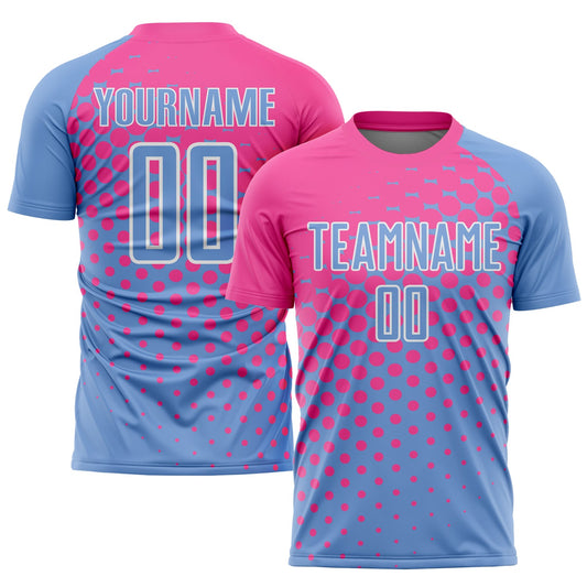 Custom Light Blue Pink-White Sublimation Soccer Uniform Jersey - Main View