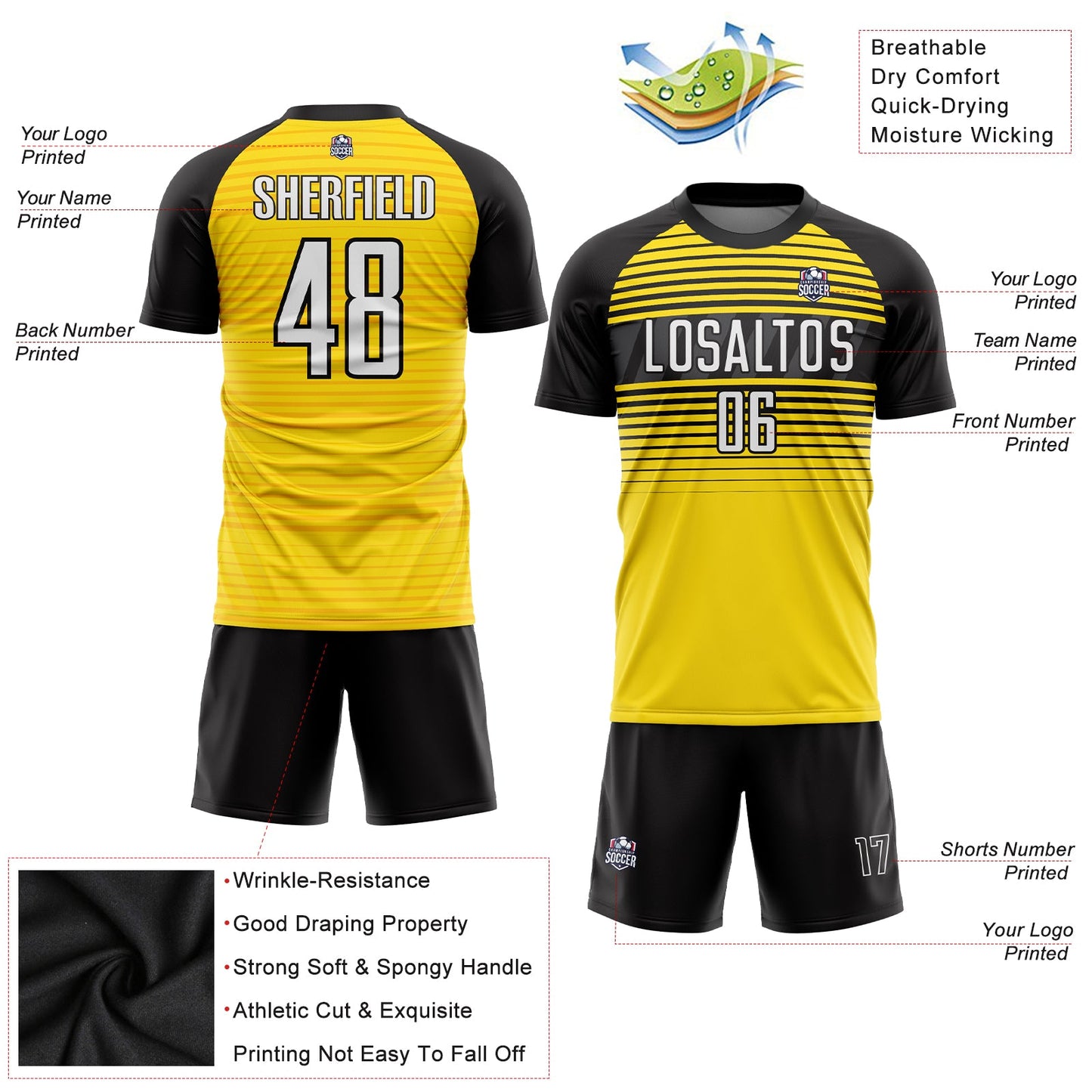 Custom Yellow White-Black Sublimation Soccer Uniform Jersey view 3