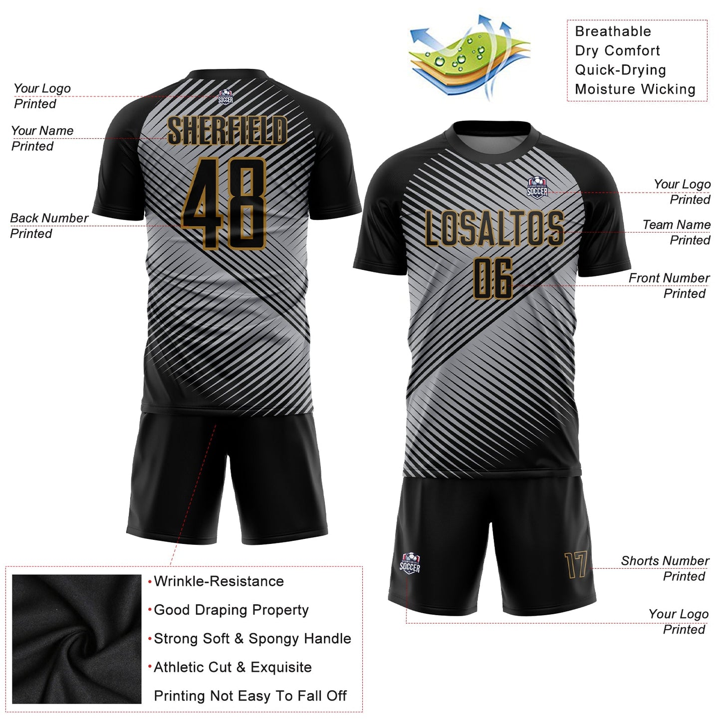 Custom Gray Black-Old Gold Sublimation Soccer Uniform Jersey view 3