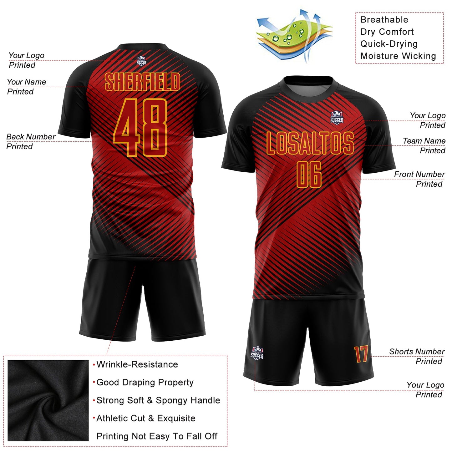 Custom Red Black-Yellow Sublimation Soccer Uniform Jersey view 3