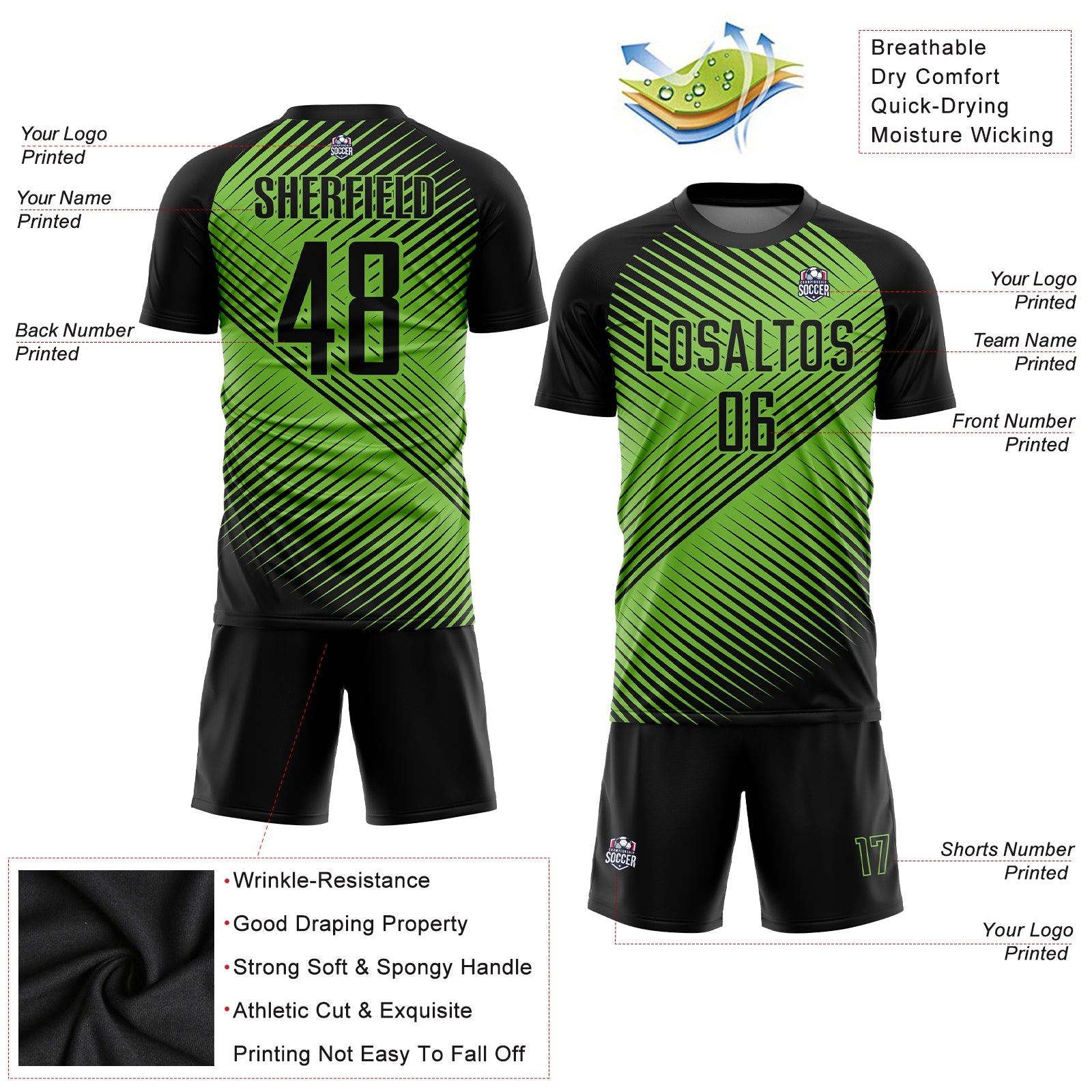 Custom Neon Green Black Sublimation Soccer Uniform Jersey view 3