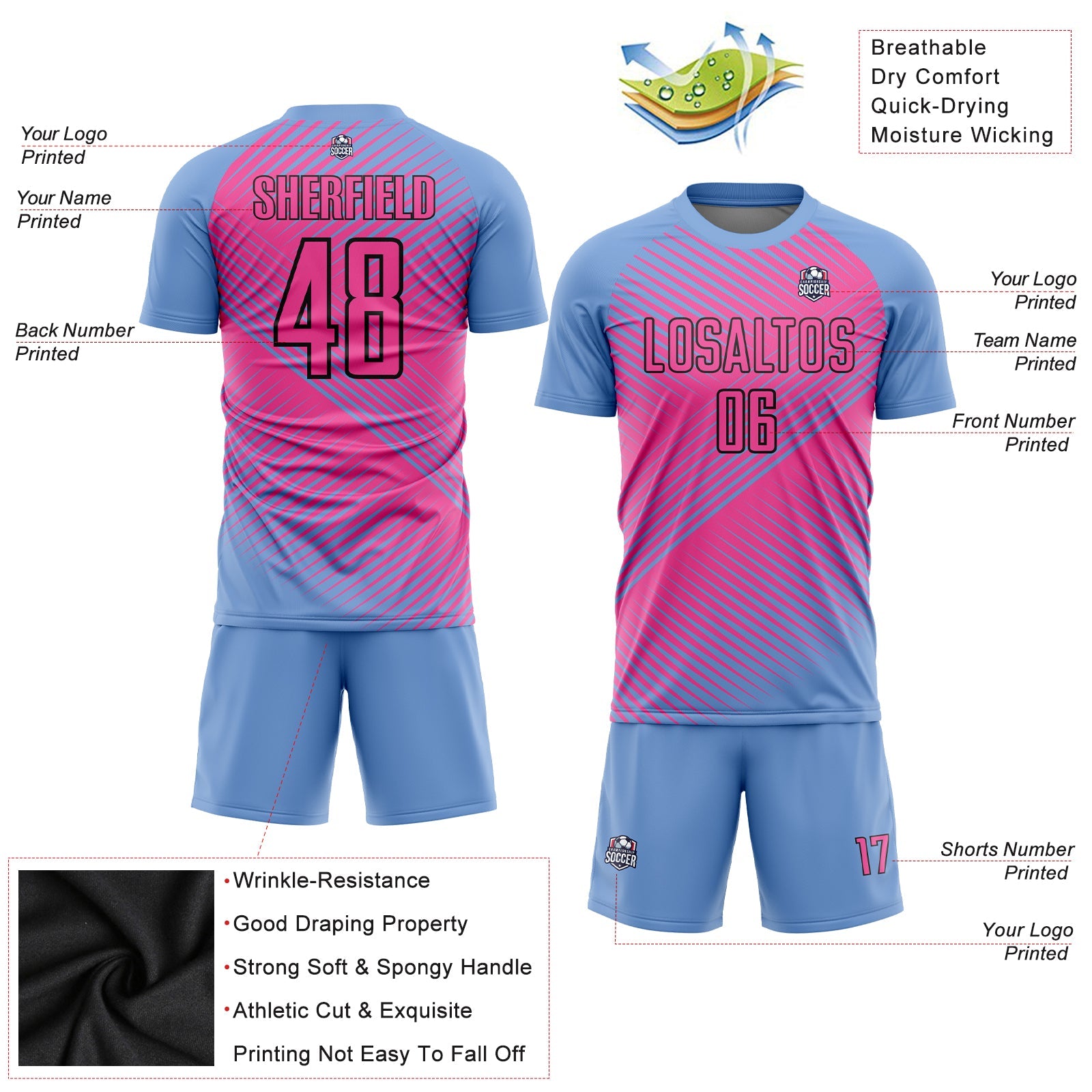 Custom Light Blue Pink-Black Sublimation Soccer Uniform Jersey view 3