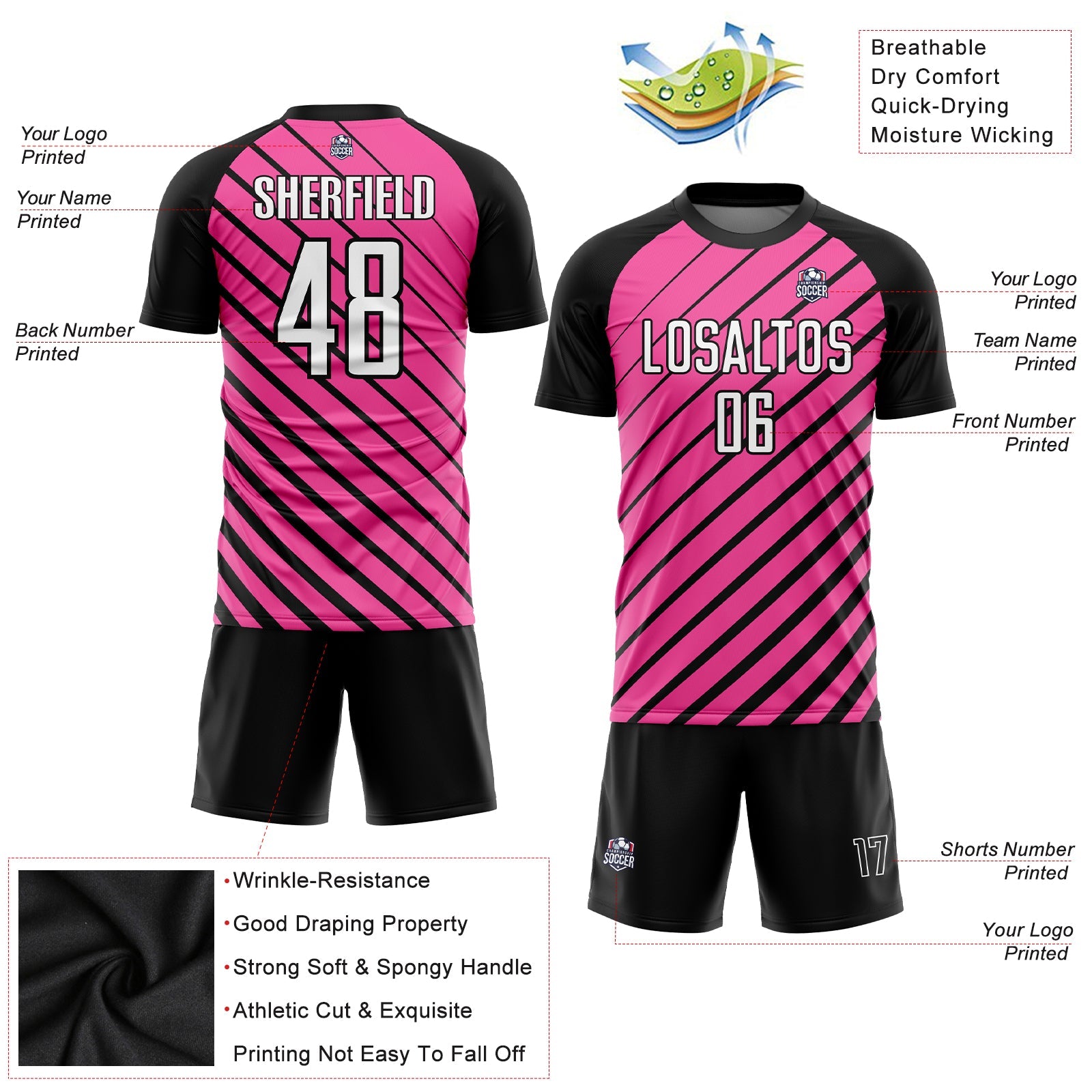 Custom Pink White-Black Sublimation Soccer Uniform Jersey view 3