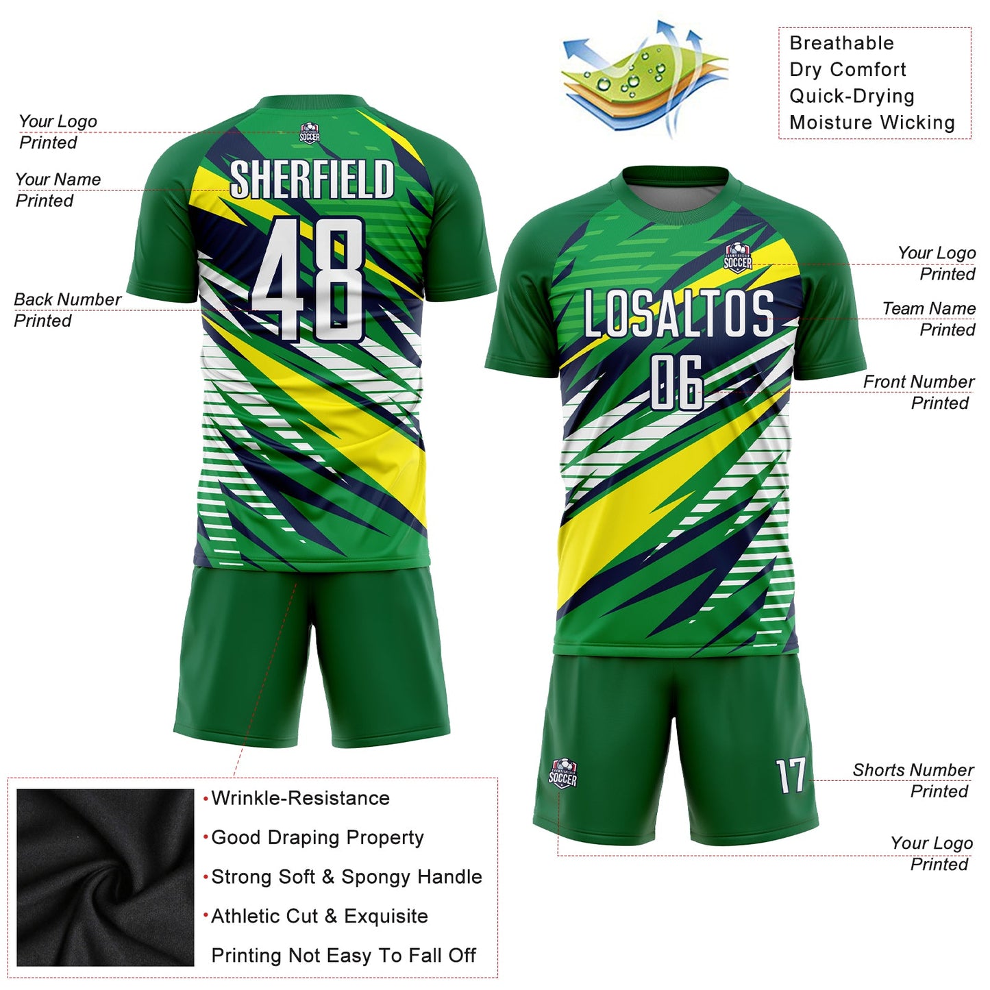 Custom Green White Yellow-Navy Sublimation Soccer Uniform Jersey view 3