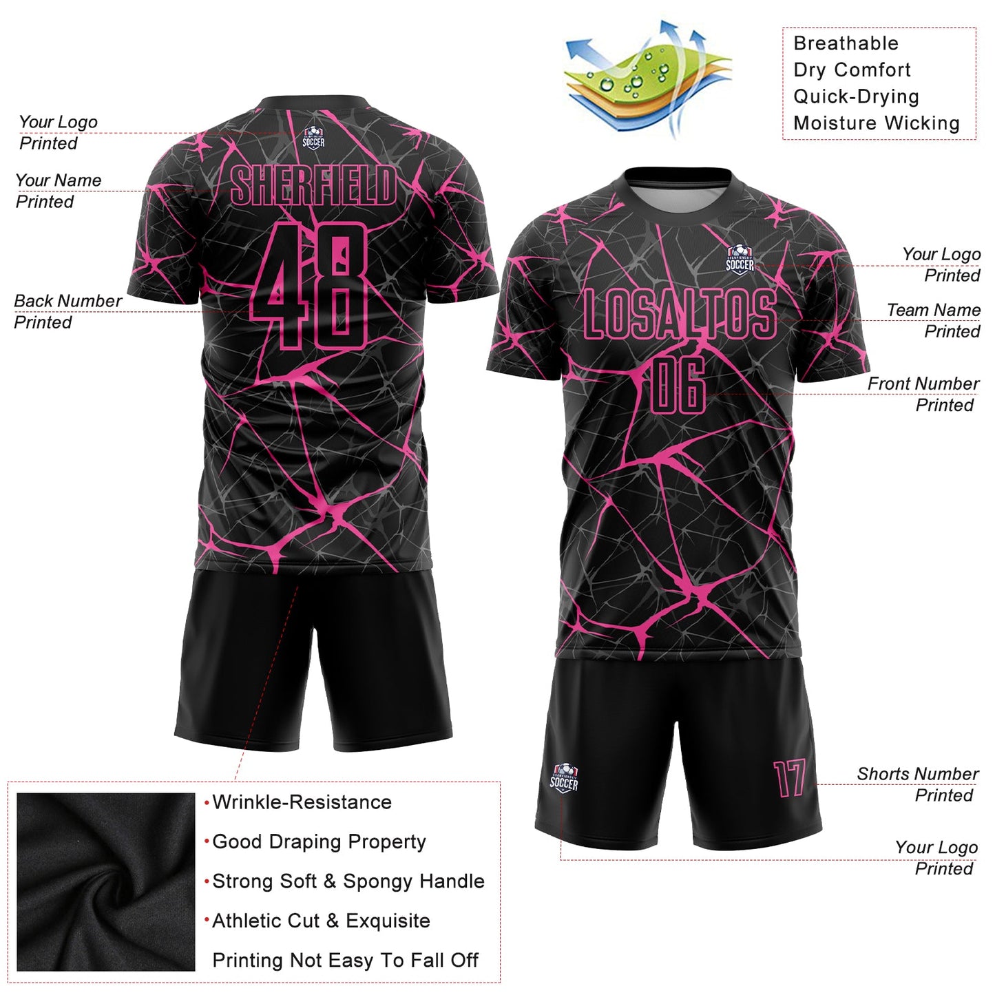 Custom Black Pink Sublimation Soccer Uniform Jersey view 3
