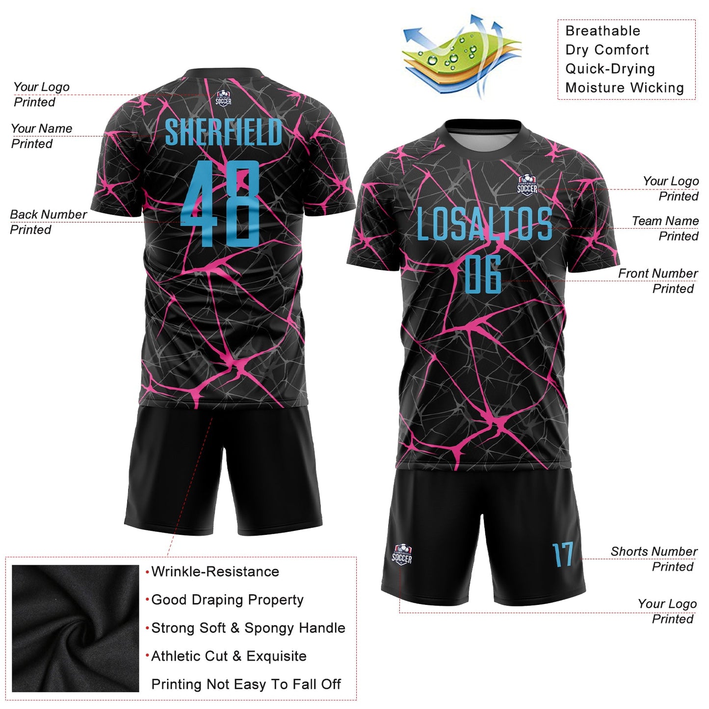 Custom Black Sky Blue-Pink Sublimation Soccer Uniform Jersey view 3