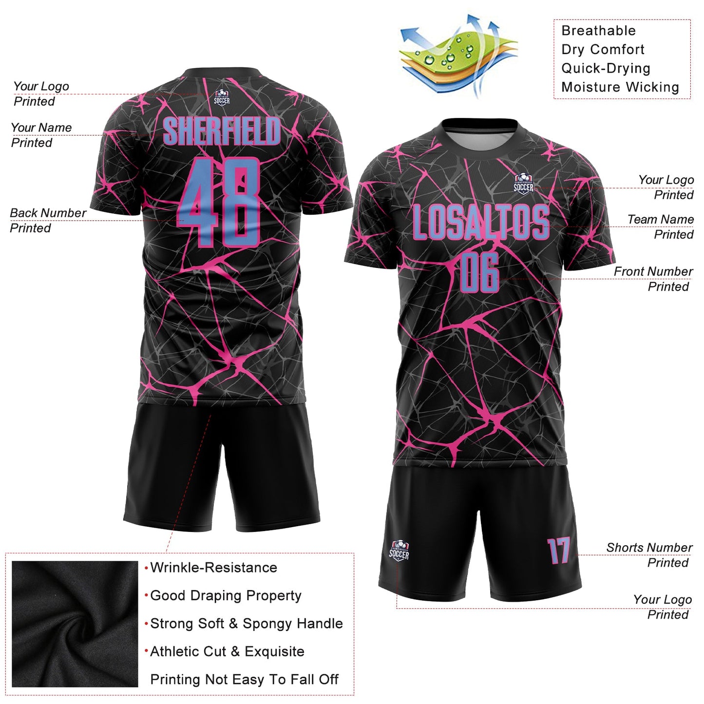 Custom Black Light Blue-Pink Sublimation Soccer Uniform Jersey view 3
