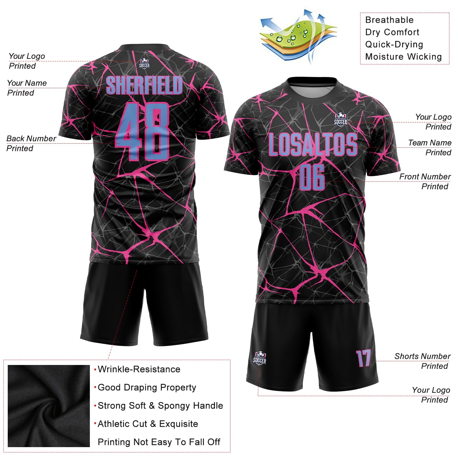 Custom Black Light Blue-Pink Sublimation Soccer Uniform Jersey view 3