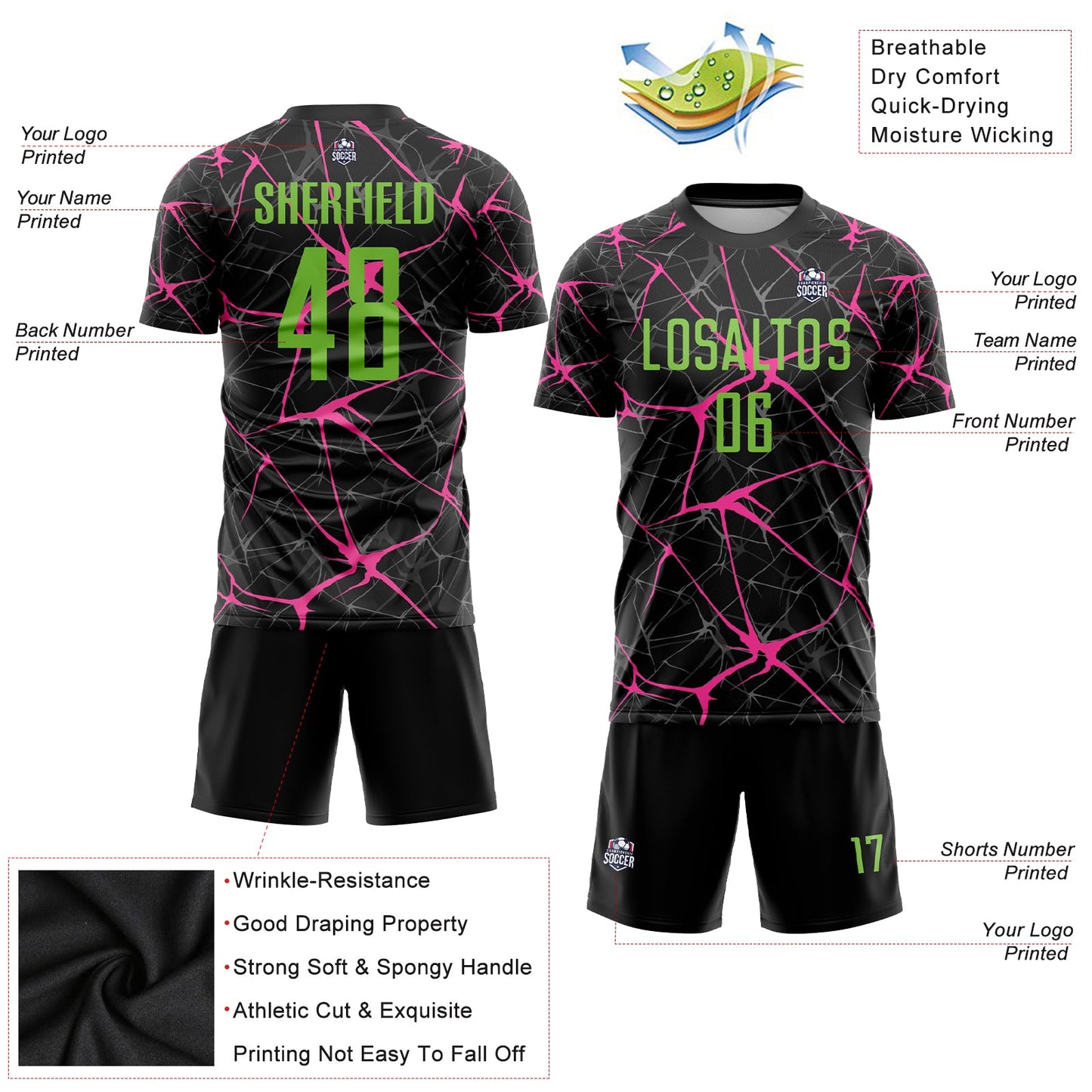 Custom Black Neon Green-Pink Sublimation Soccer Uniform Jersey view 3