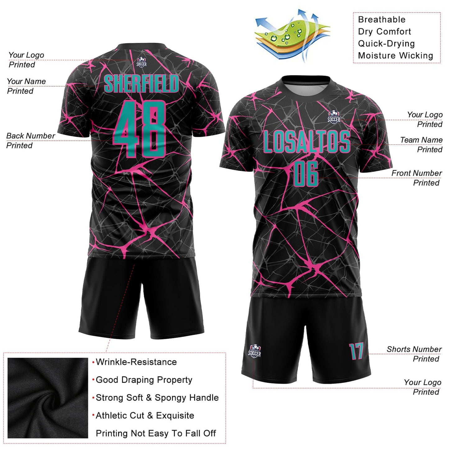 Custom Black Aqua-Pink Sublimation Soccer Uniform Jersey view 3