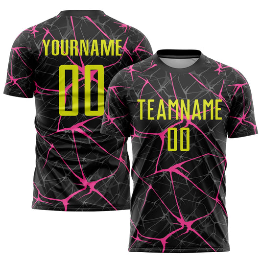 Custom Black Neon Yellow-Pink Sublimation Soccer Uniform Jersey - Main View