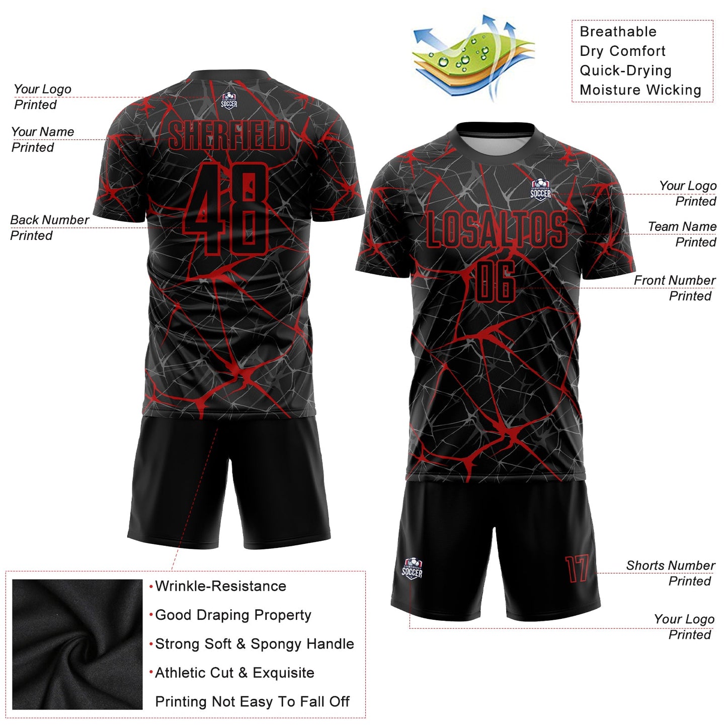 Custom Black Red Sublimation Soccer Uniform Jersey view 3
