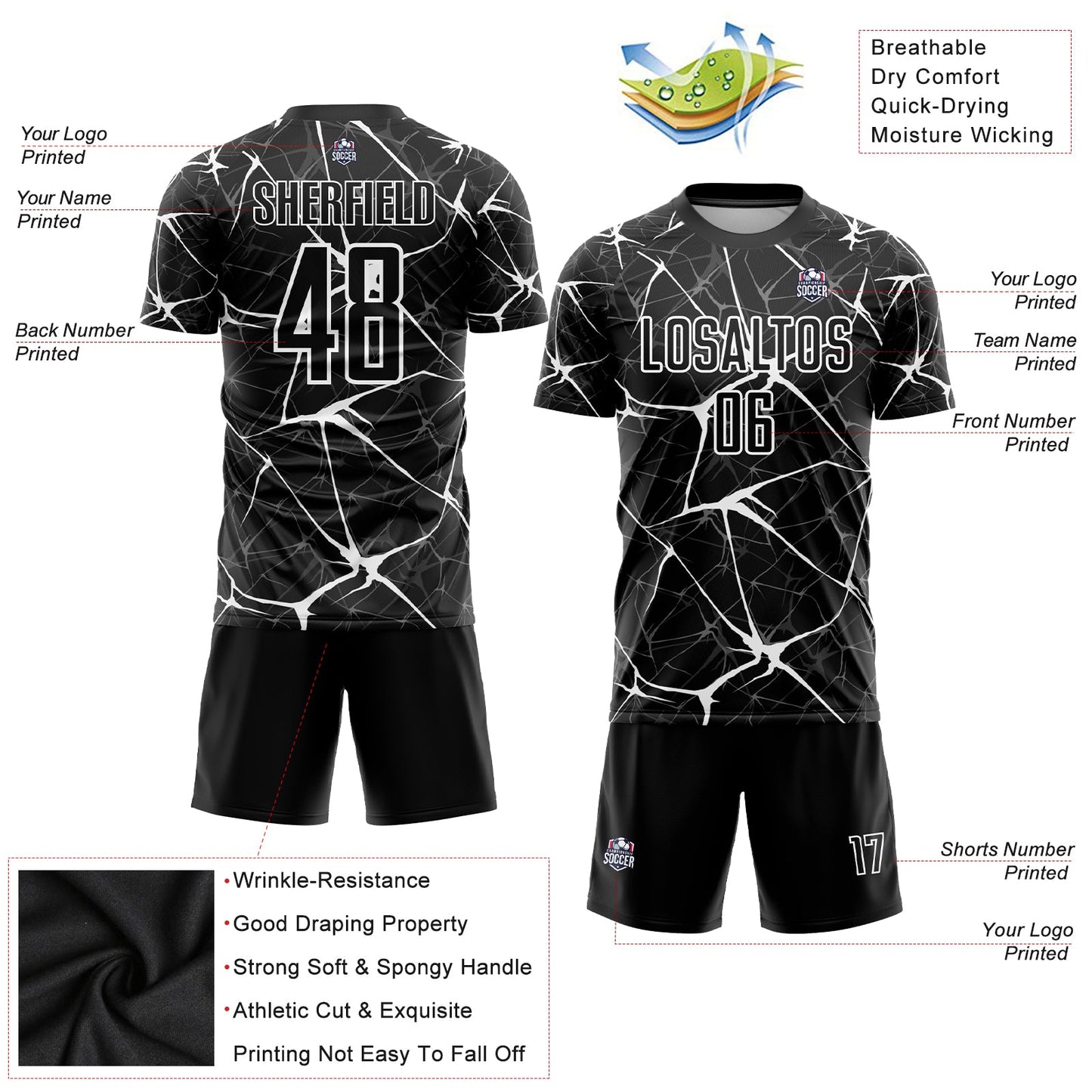 Custom Black White Sublimation Soccer Uniform Jersey view 3