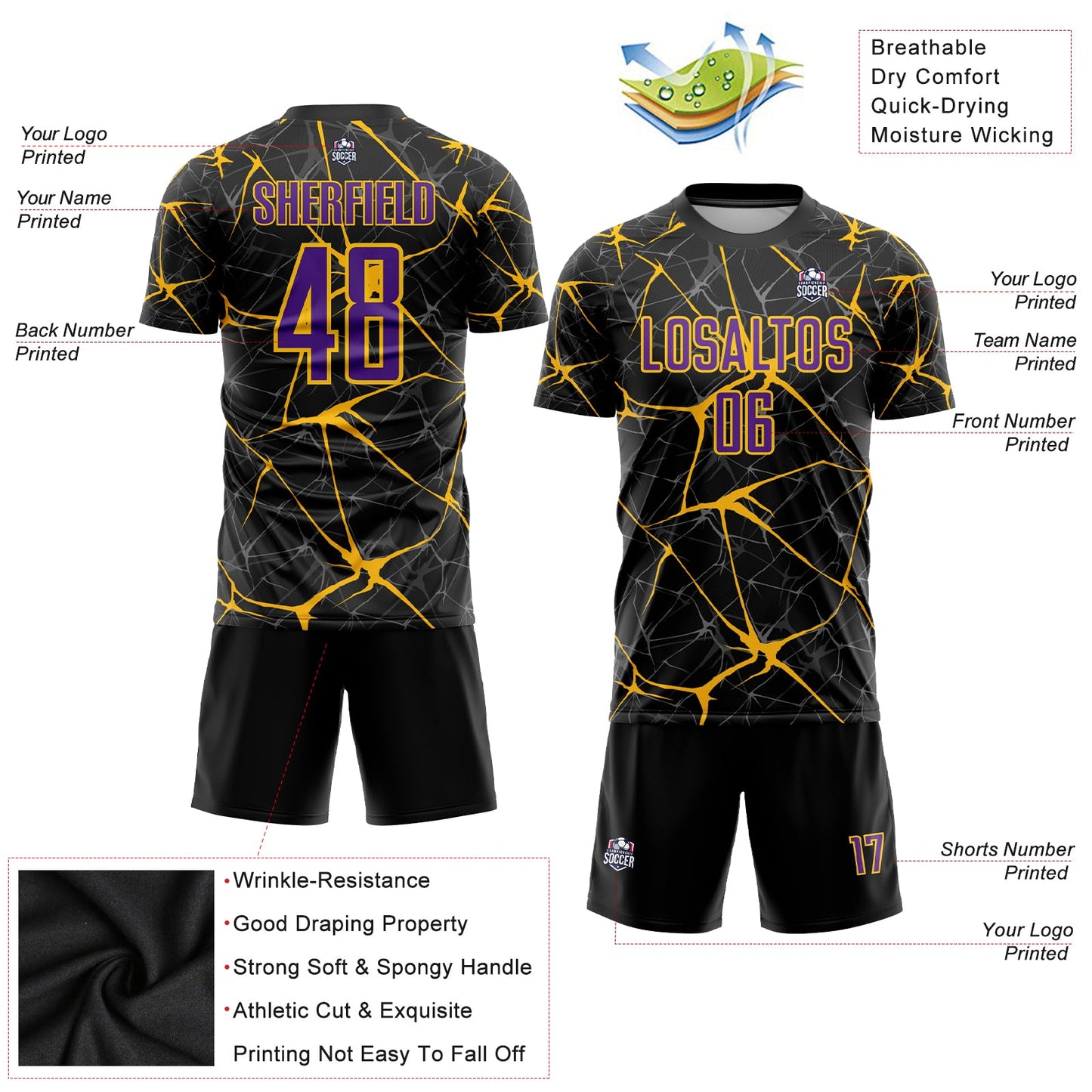 Custom Black Purple-Gold Sublimation Soccer Uniform Jersey view 5