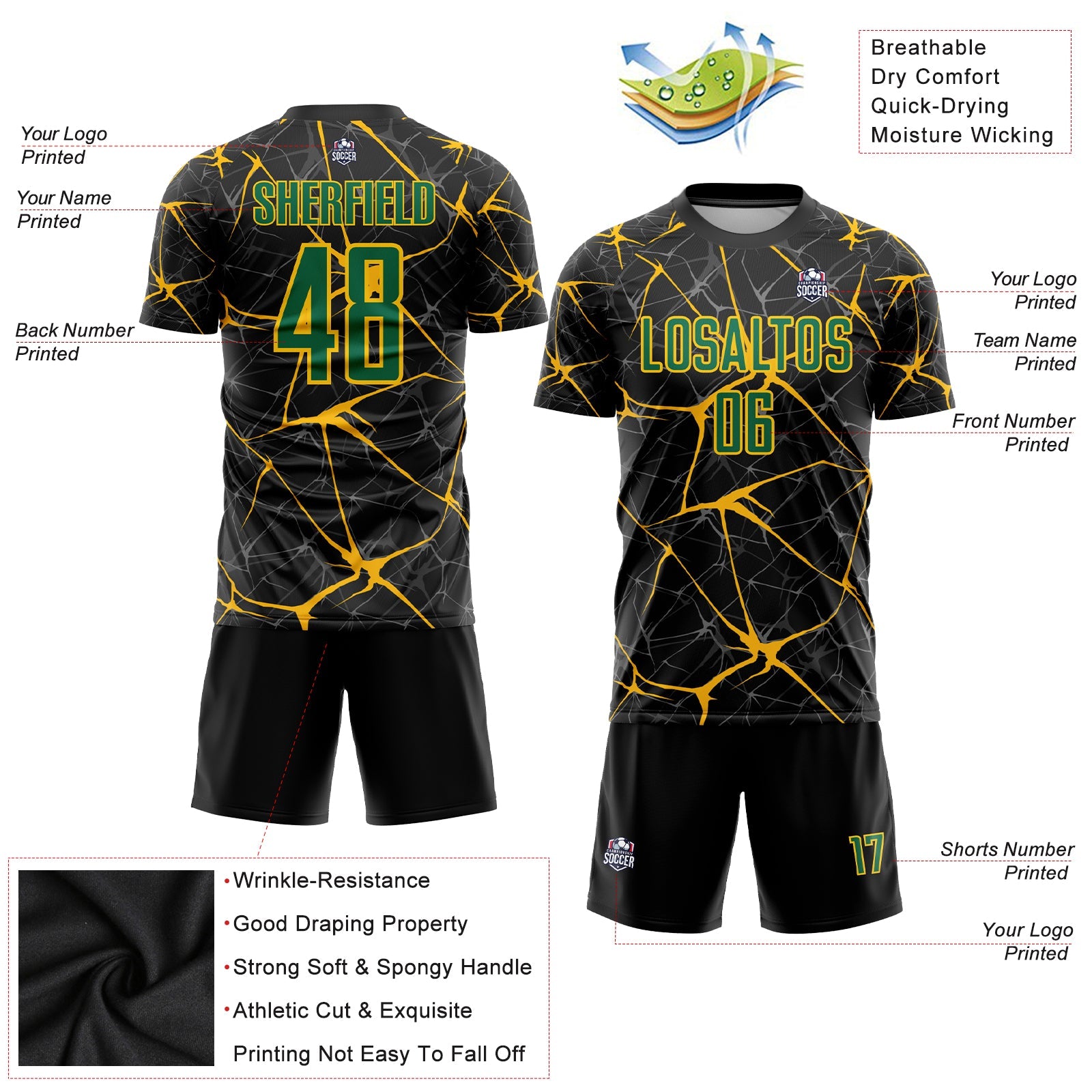 Custom Black Kelly Green-Gold Sublimation Soccer Uniform Jersey view 3