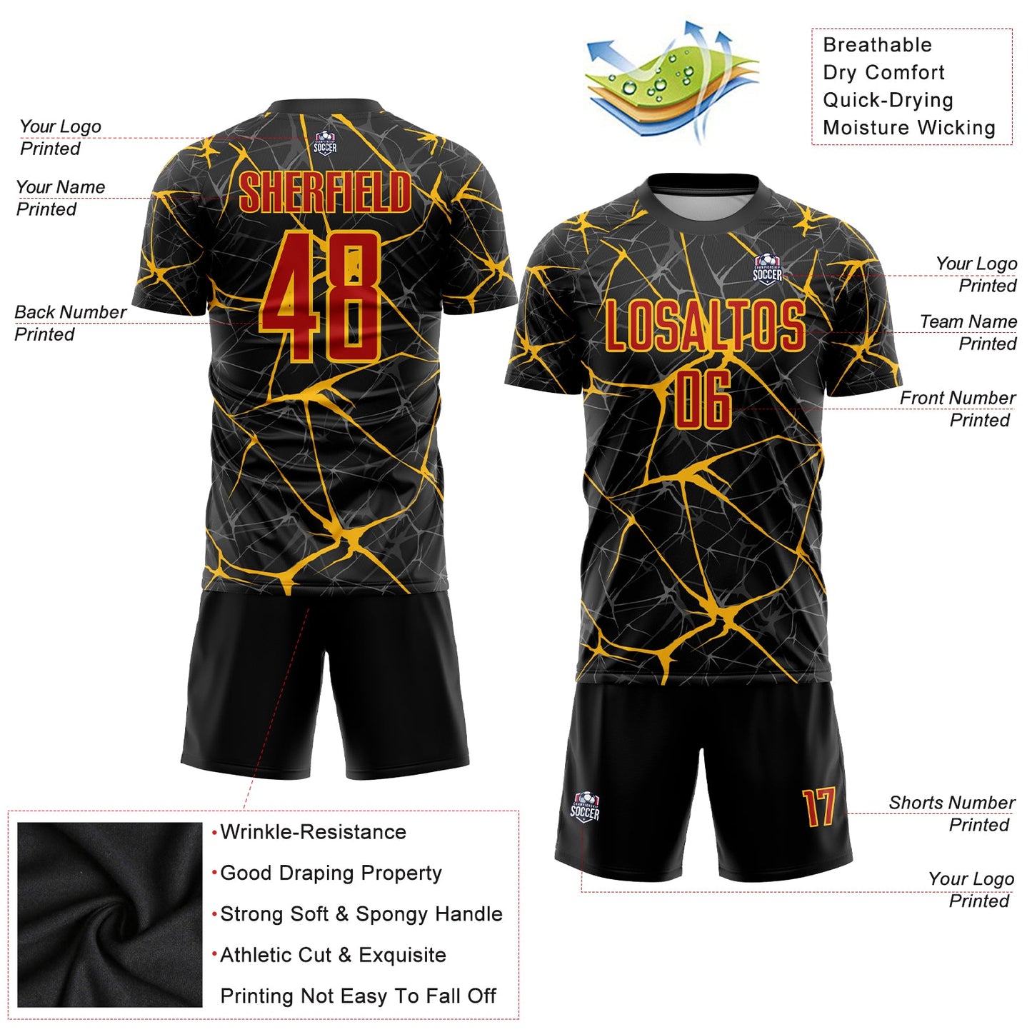 Custom Black Red-Gold Sublimation Soccer Uniform Jersey view 3