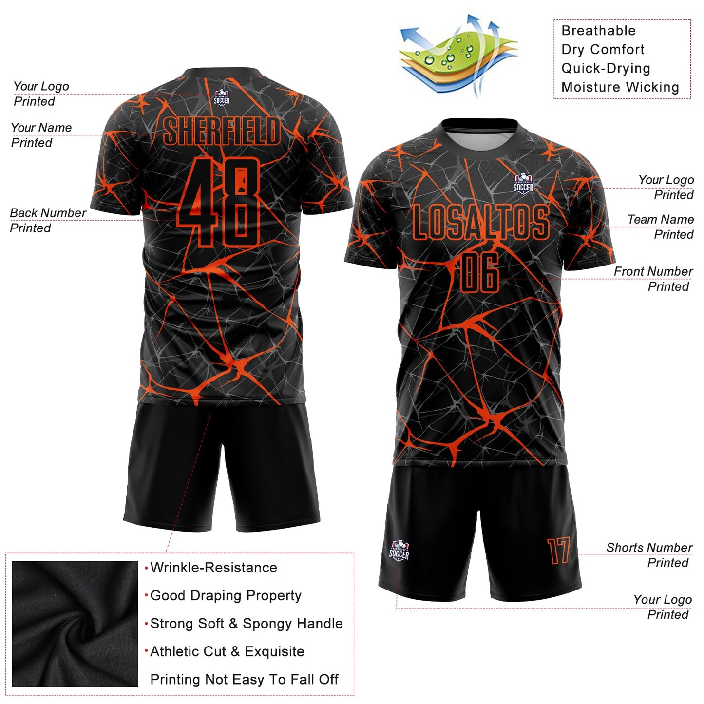Custom Black Orange Sublimation Soccer Uniform Jersey view 3