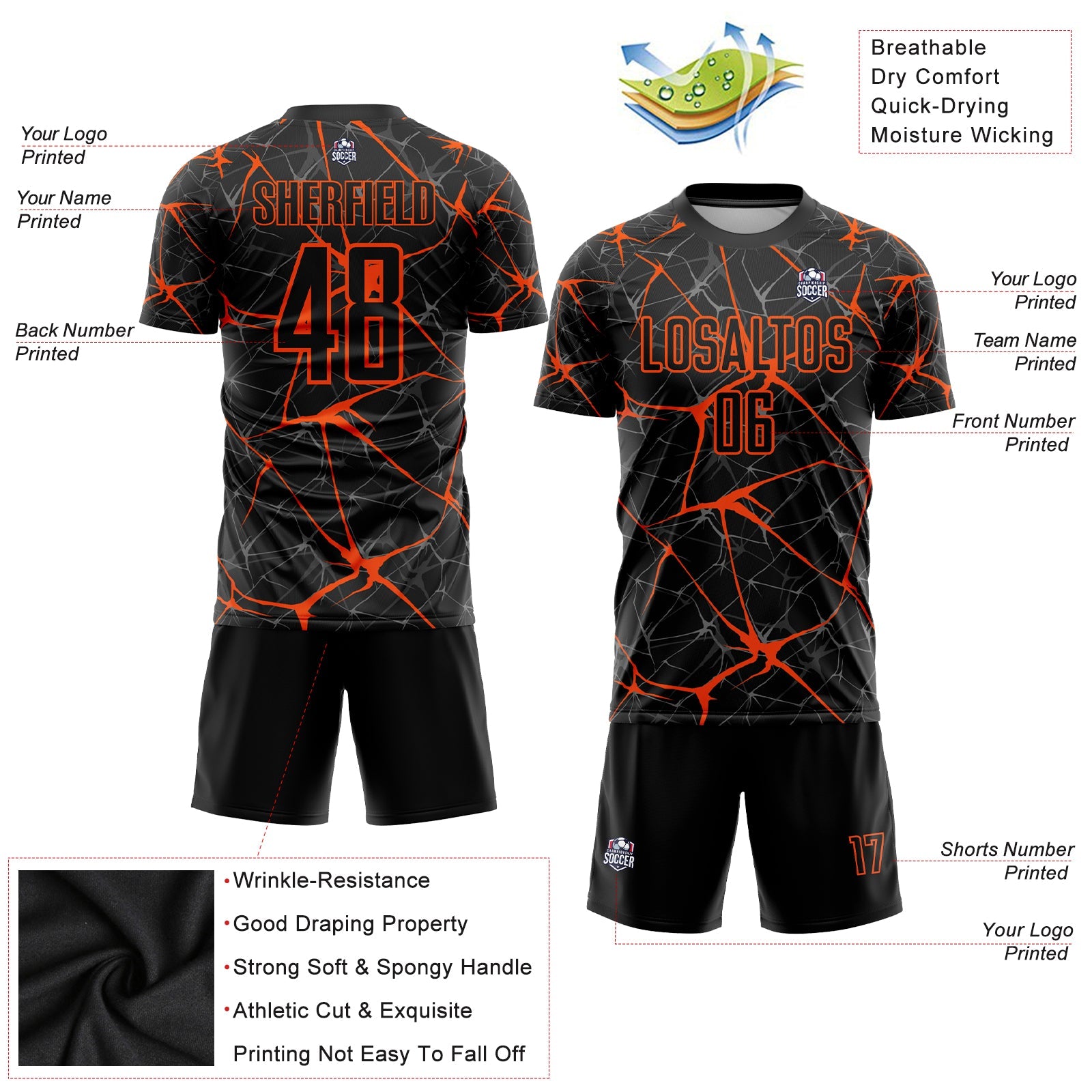 Custom Black Orange Sublimation Soccer Uniform Jersey view 3