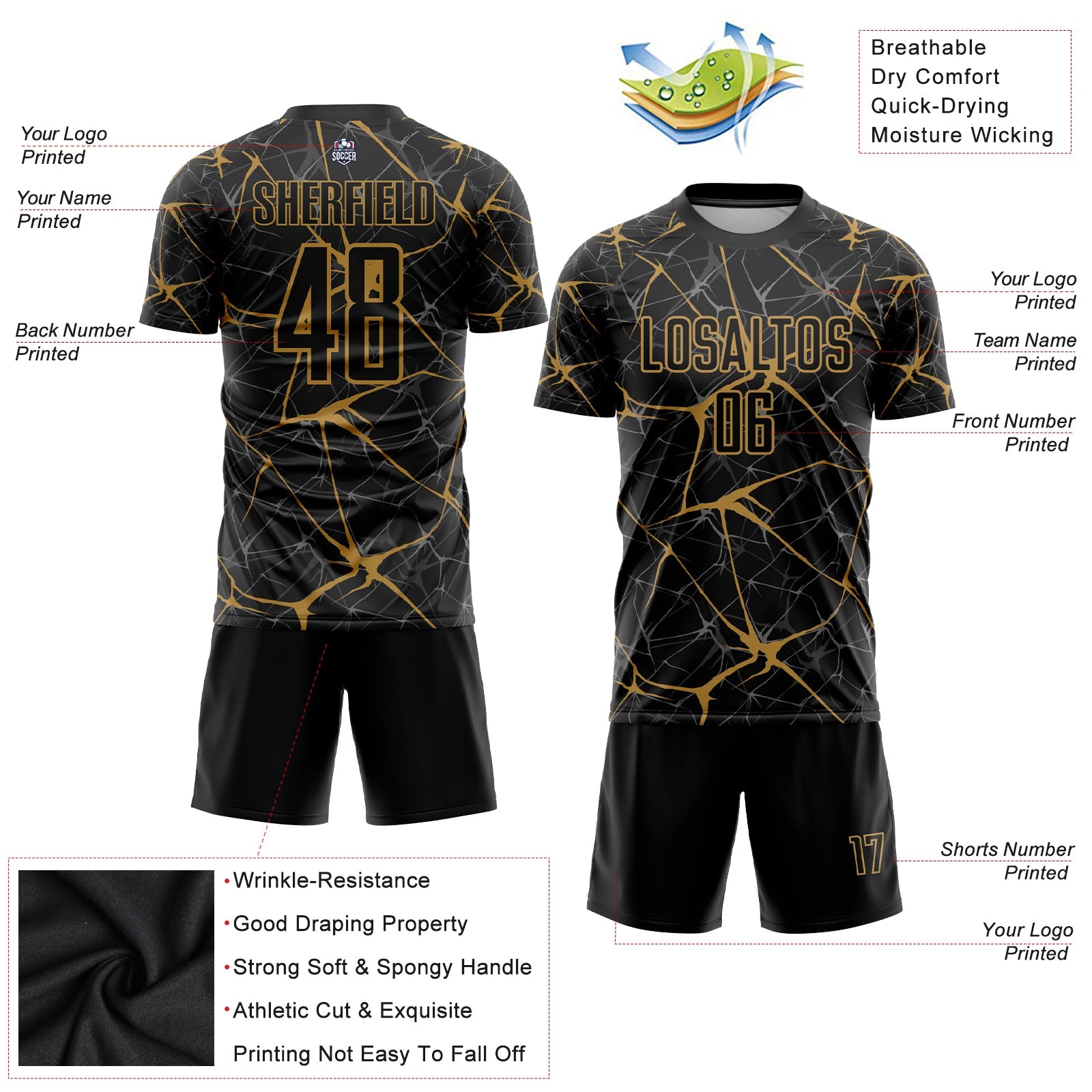 Custom Black Old Gold Sublimation Soccer Uniform Jersey view 3