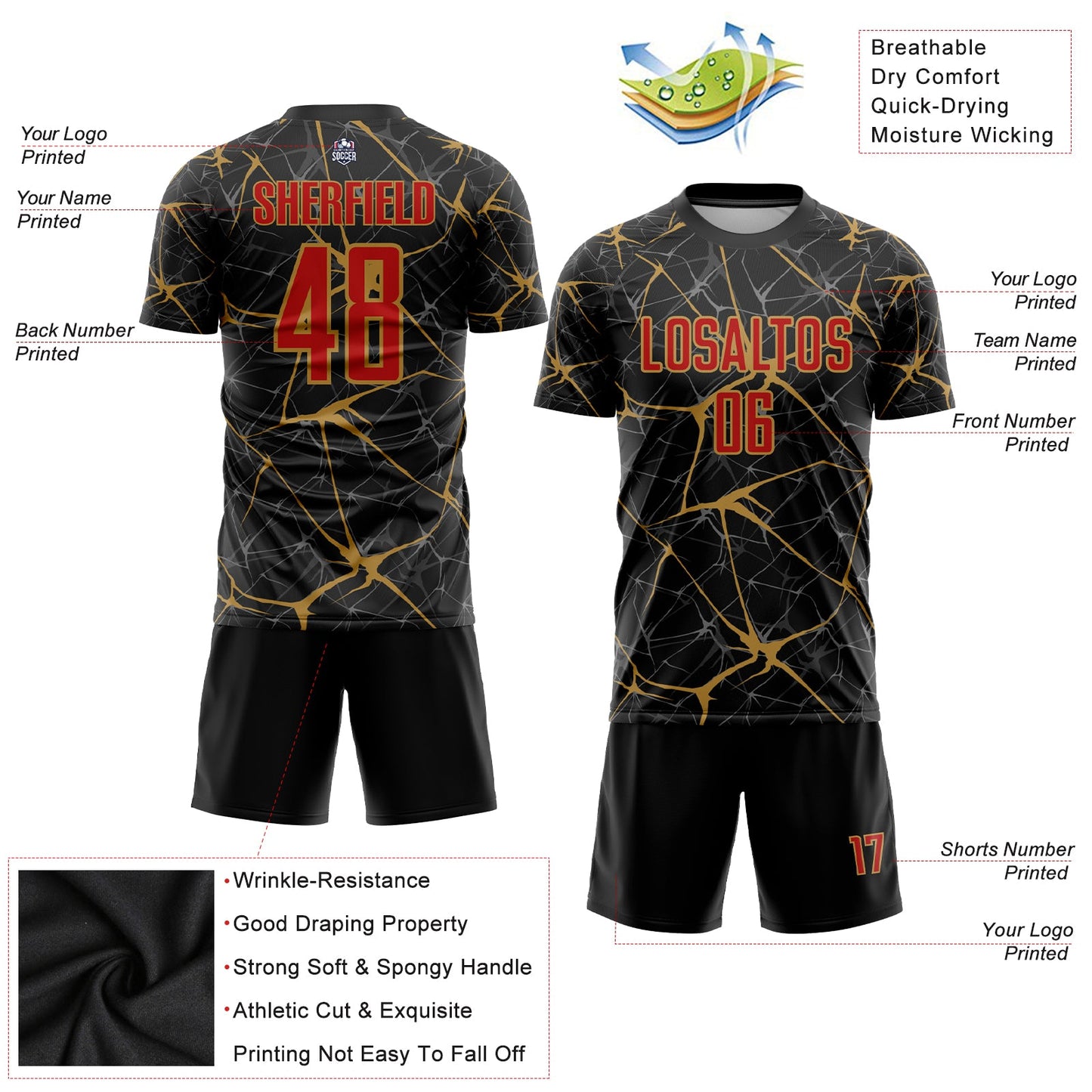 Custom Black Red-Old Gold Sublimation Soccer Uniform Jersey view 3
