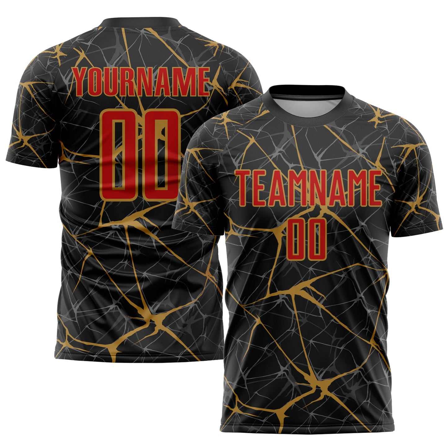 Custom Black Red-Old Gold Sublimation Soccer Uniform Jersey - Main View