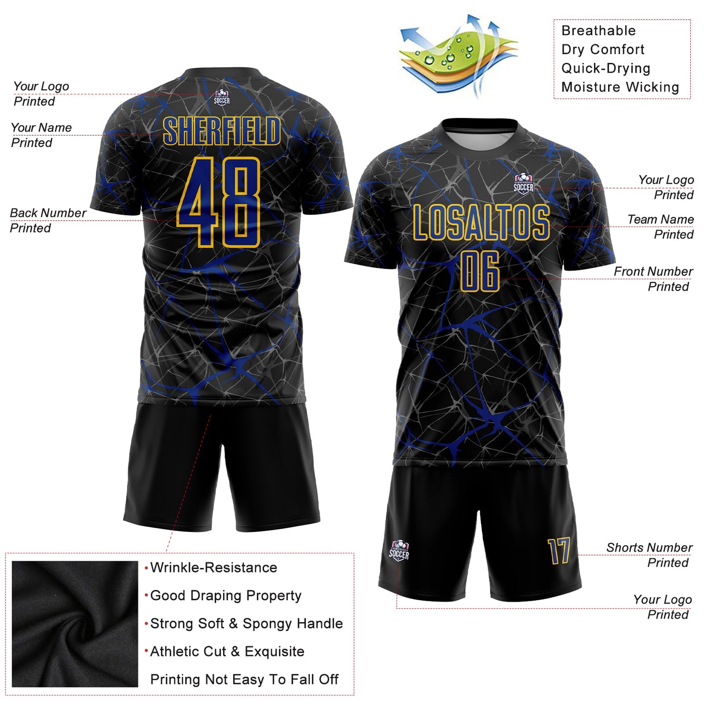 Custom Black Royal-Yellow Sublimation Soccer Uniform Jersey view 3
