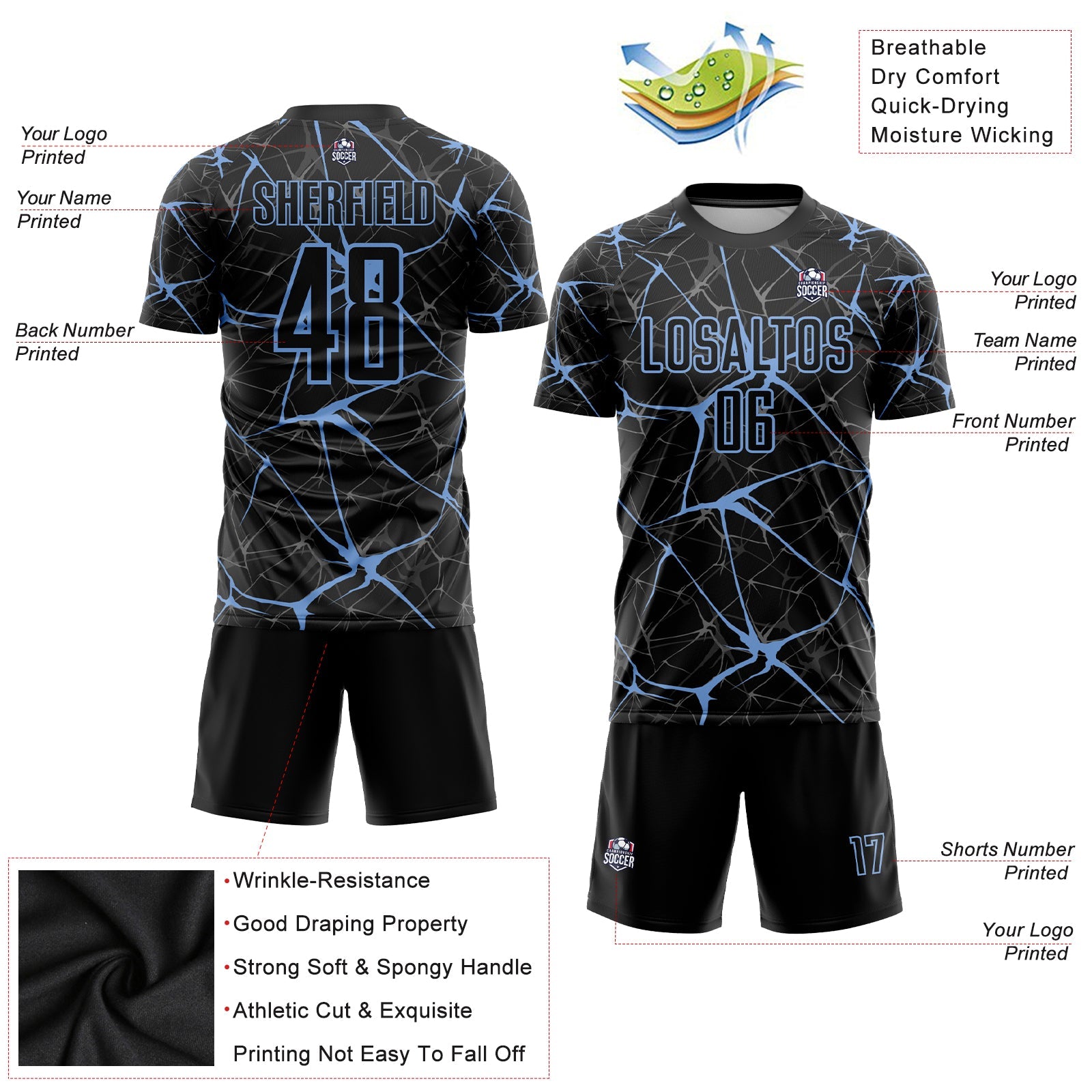 Custom Black Light Blue Sublimation Soccer Uniform Jersey view 3
