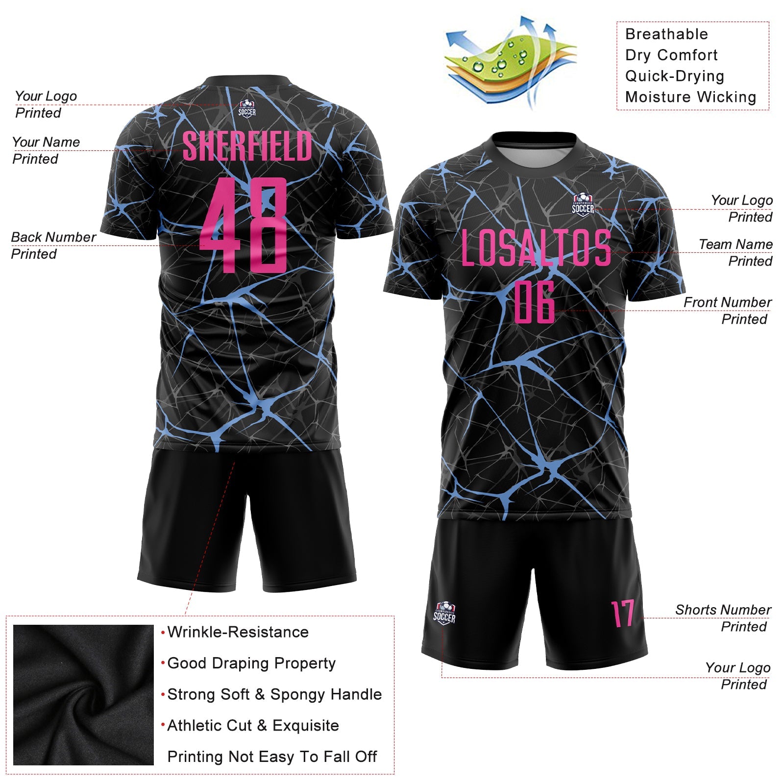 Custom Black Pink-Light Blue Sublimation Soccer Uniform Jersey view 3