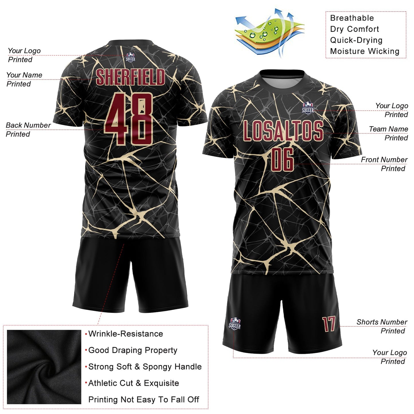 Custom Black Crimson-City Cream Sublimation Soccer Uniform Jersey view 3