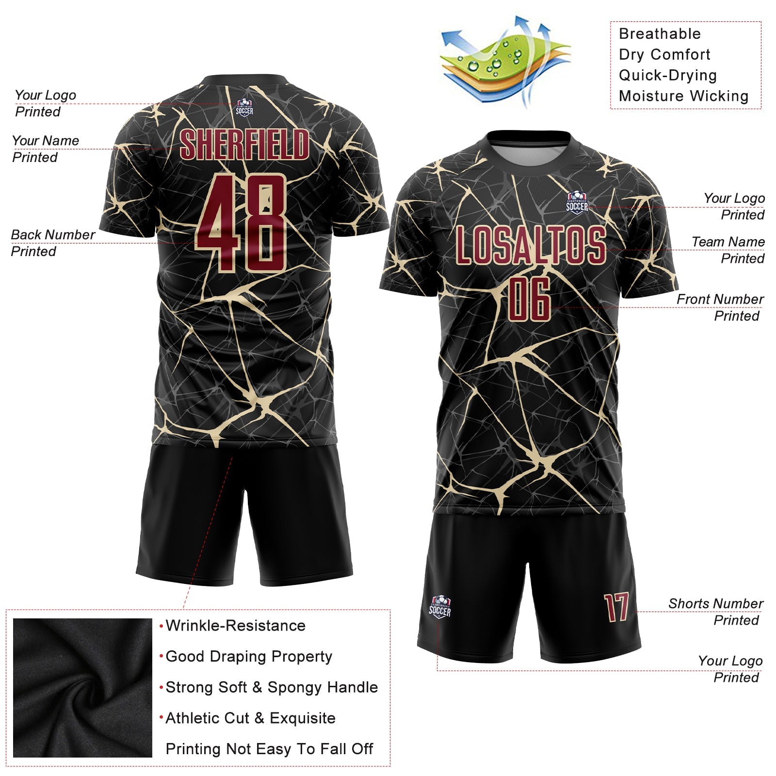 Custom Black Crimson-City Cream Sublimation Soccer Uniform Jersey view 3